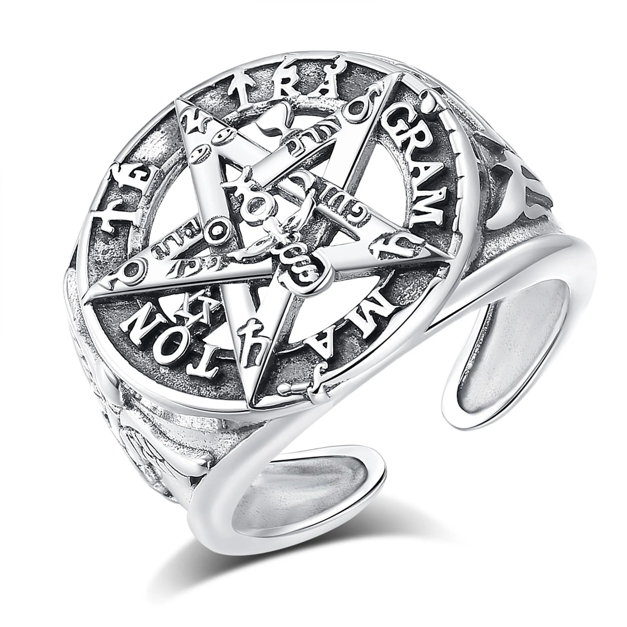 AEONSLOVE Anello Tetragrammaton Regolabile Argento 925 per Uomo Donna, Anello Aperto Pentacolo Wicca, Amuleti e Talismani Protezione - immagine 1