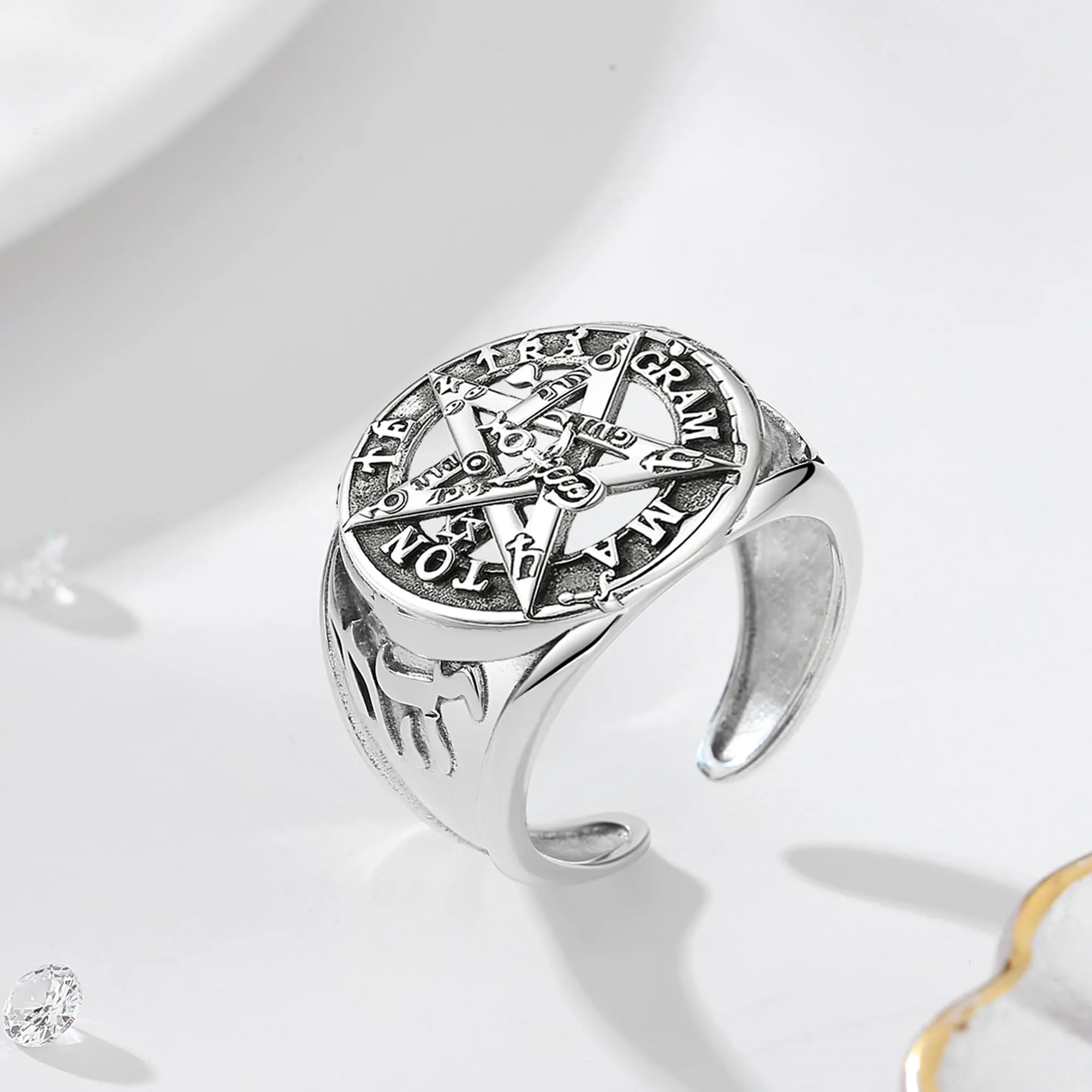 AEONSLOVE Anello Tetragrammaton Regolabile Argento 925 per Uomo Donna, Anello Aperto Pentacolo Wicca, Amuleti e Talismani Protezione - immagine 2