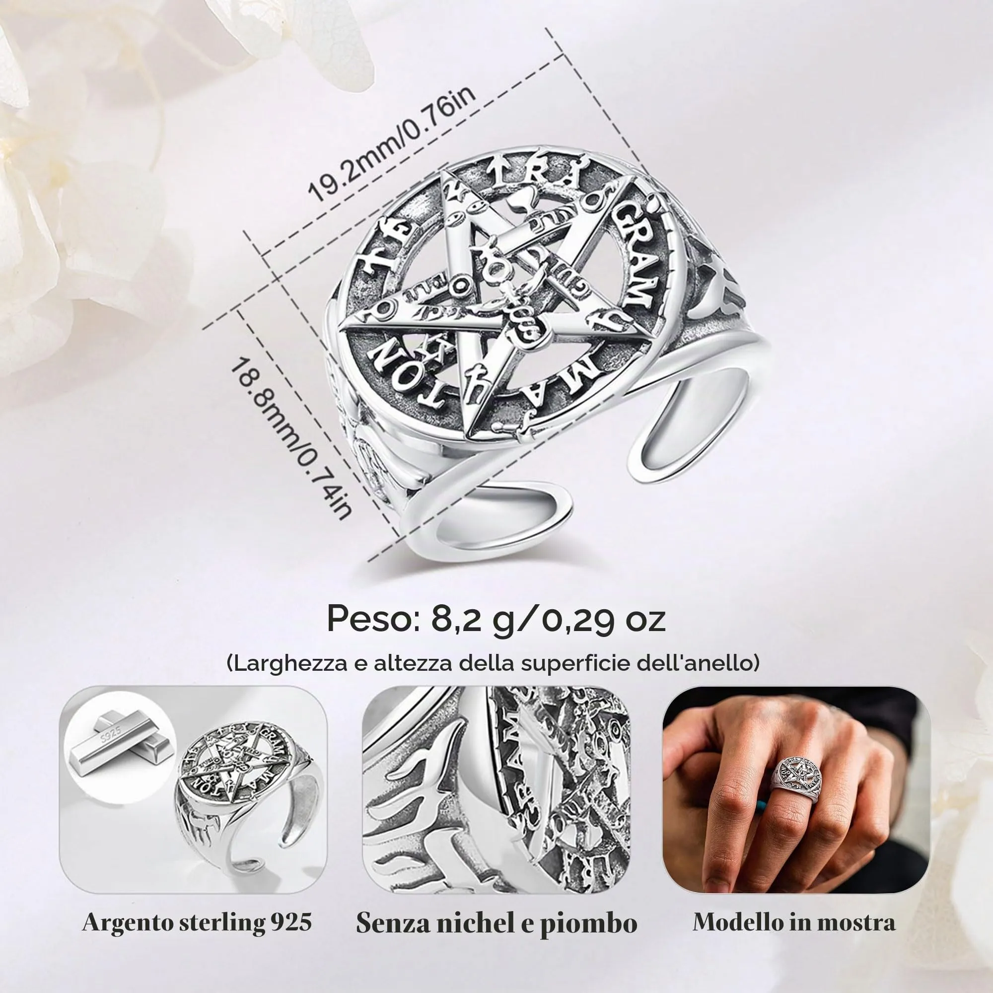 AEONSLOVE Anello Tetragrammaton Regolabile Argento 925 per Uomo Donna, Anello Aperto Pentacolo Wicca, Amuleti e Talismani Protezione - immagine 4