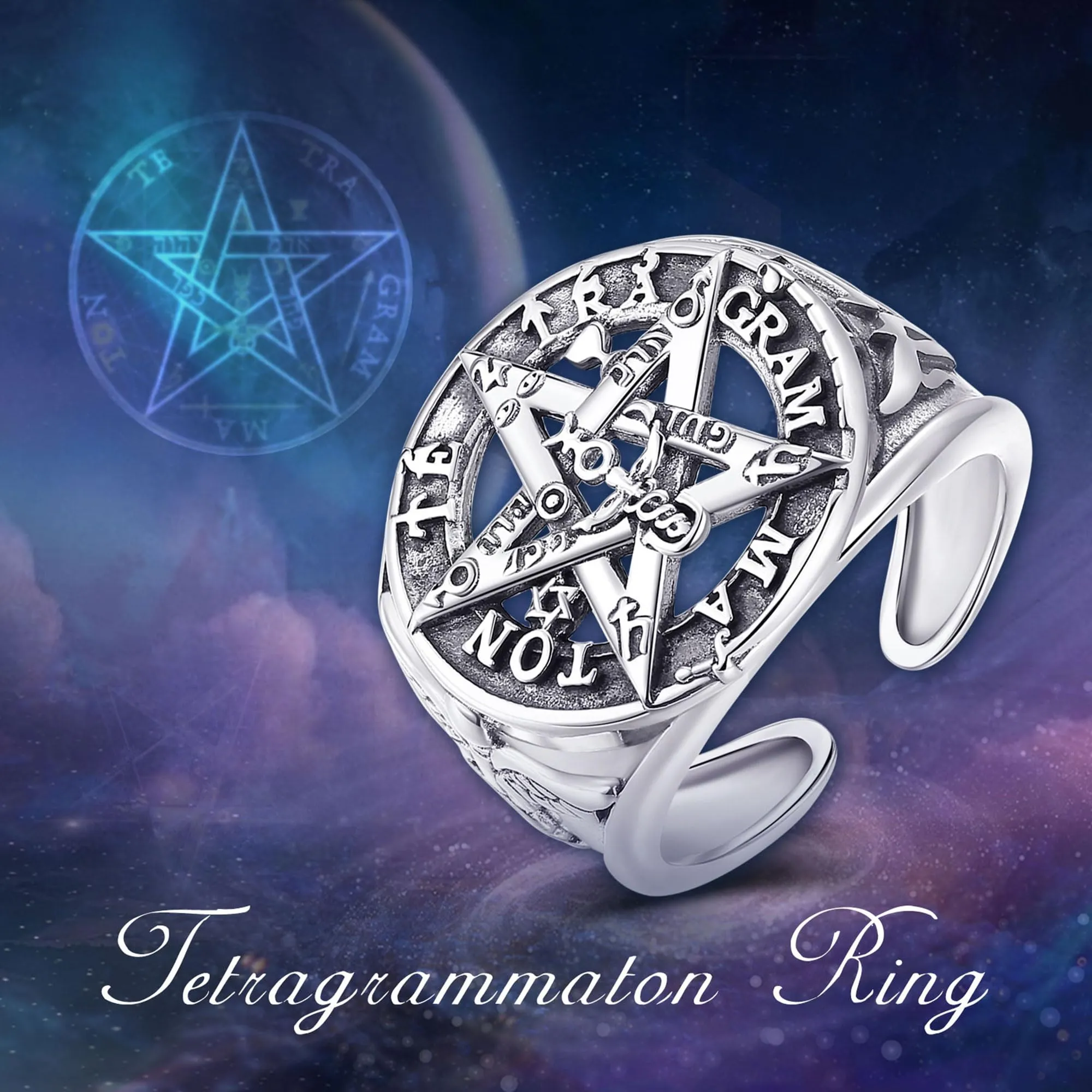 AEONSLOVE Anello Tetragrammaton Regolabile Argento 925 per Uomo Donna, Anello Aperto Pentacolo Wicca, Amuleti e Talismani Protezione - immagine 7