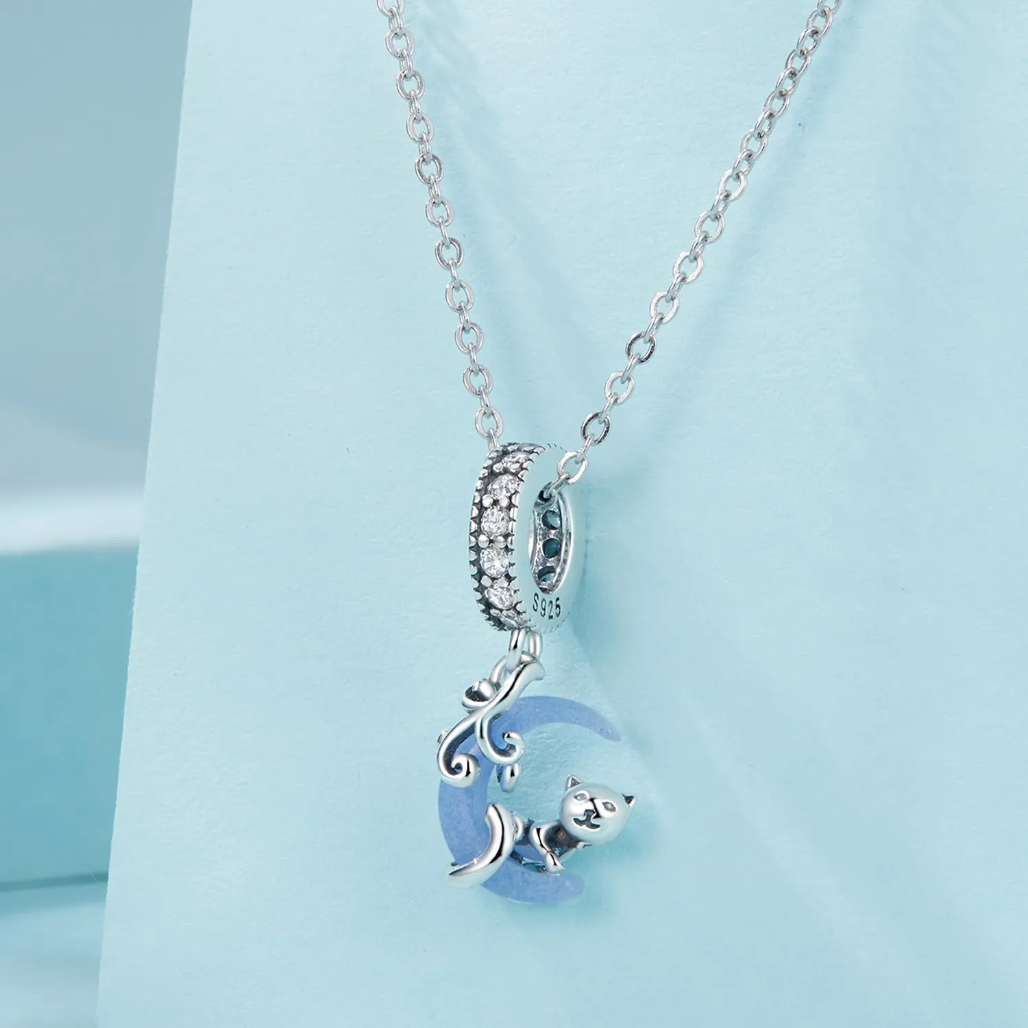 Luminoso Moon Cat Ciondolo Charm 925 Sterling Silver Charm Adatto Per Most - immagine 4