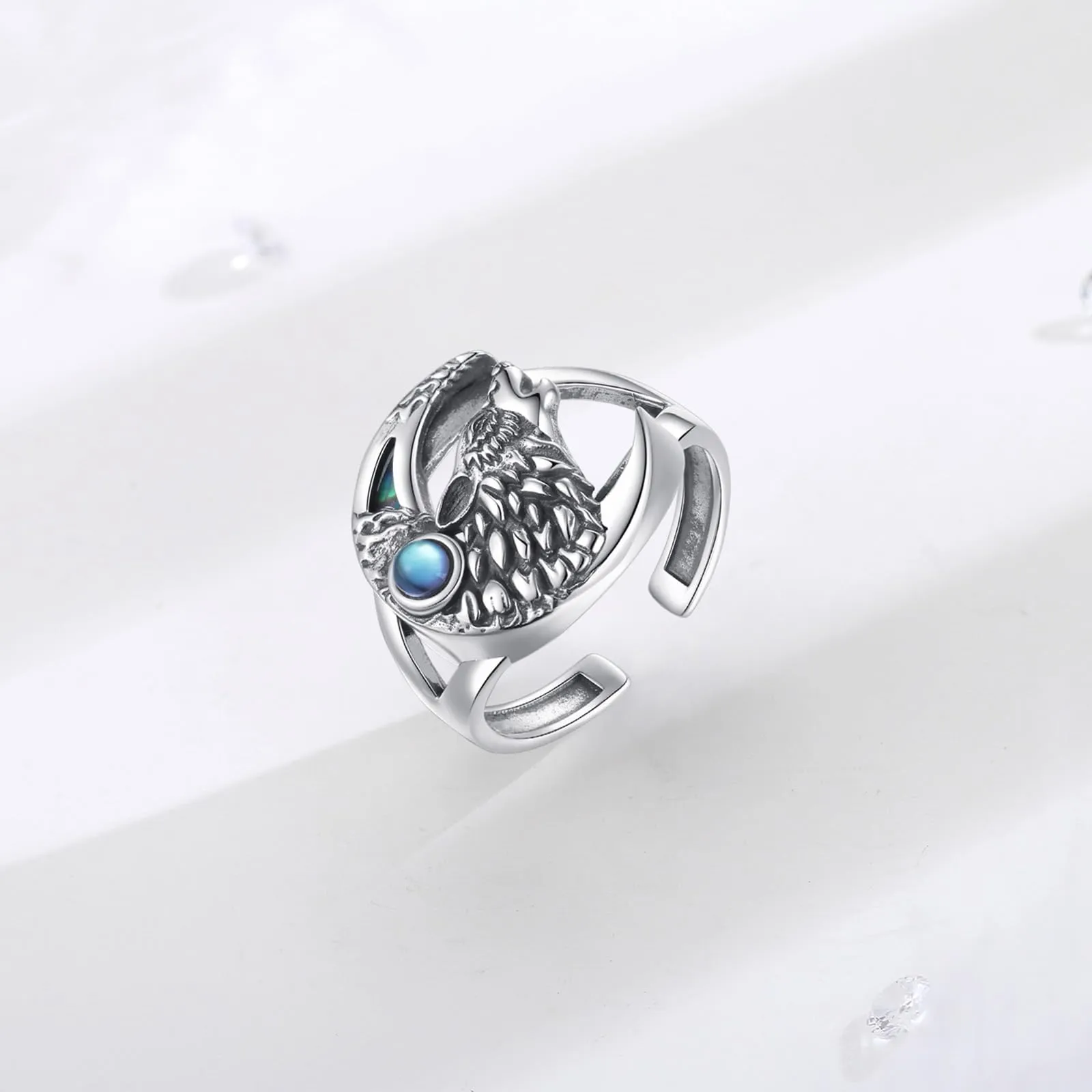 AEONSLOVE Anello Lupo Argento Sterling 925 per Uomo Donna, Anello Regolabile Argento 925 Anelli Lupo e Luna con Pietra di Luna Anello Aperto da Pollice - immagine 2