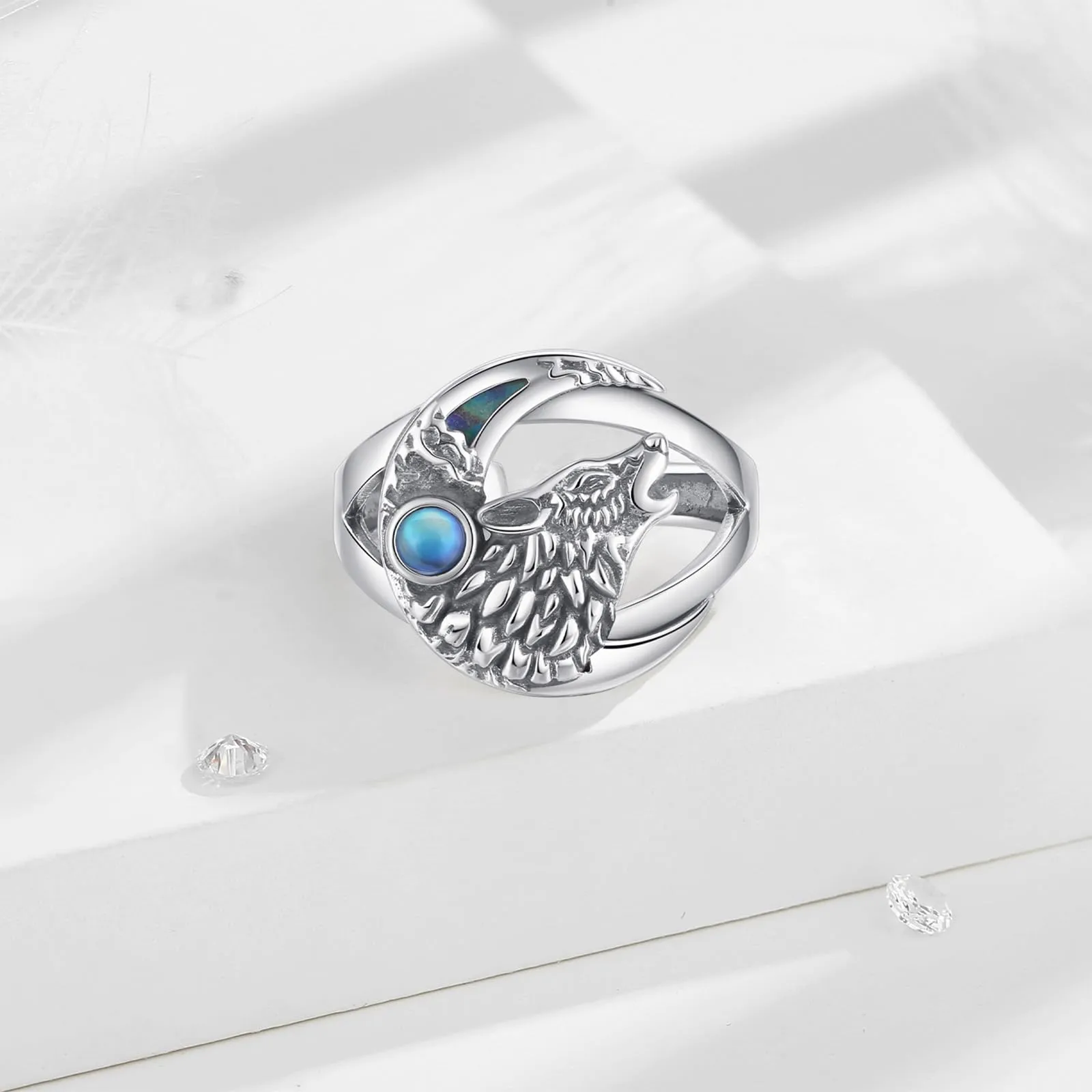 AEONSLOVE Anello Lupo Argento Sterling 925 per Uomo Donna, Anello Regolabile Argento 925 Anelli Lupo e Luna con Pietra di Luna Anello Aperto da Pollice - immagine 3
