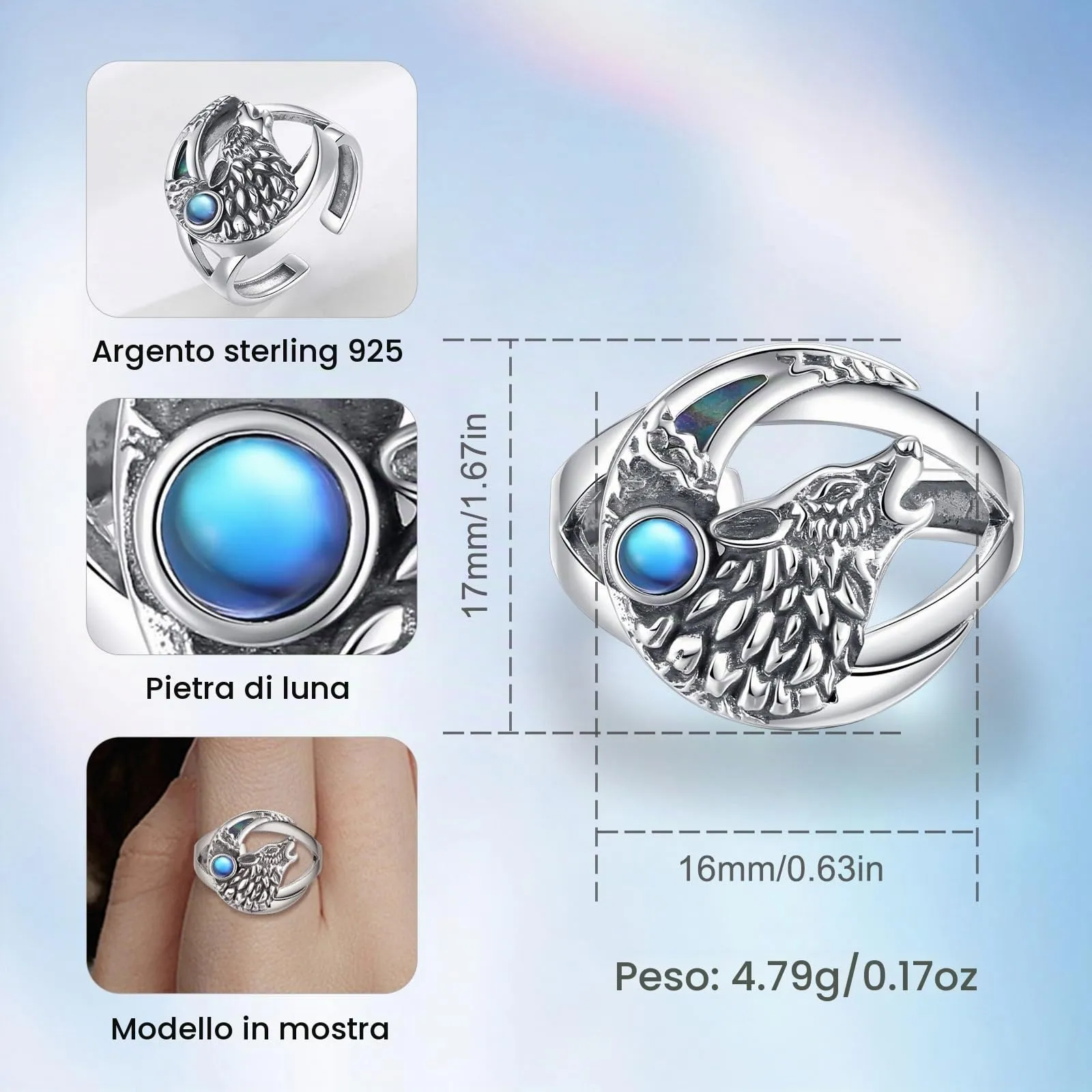 AEONSLOVE Anello Lupo Argento Sterling 925 per Uomo Donna, Anello Regolabile Argento 925 Anelli Lupo e Luna con Pietra di Luna Anello Aperto da Pollice - immagine 4