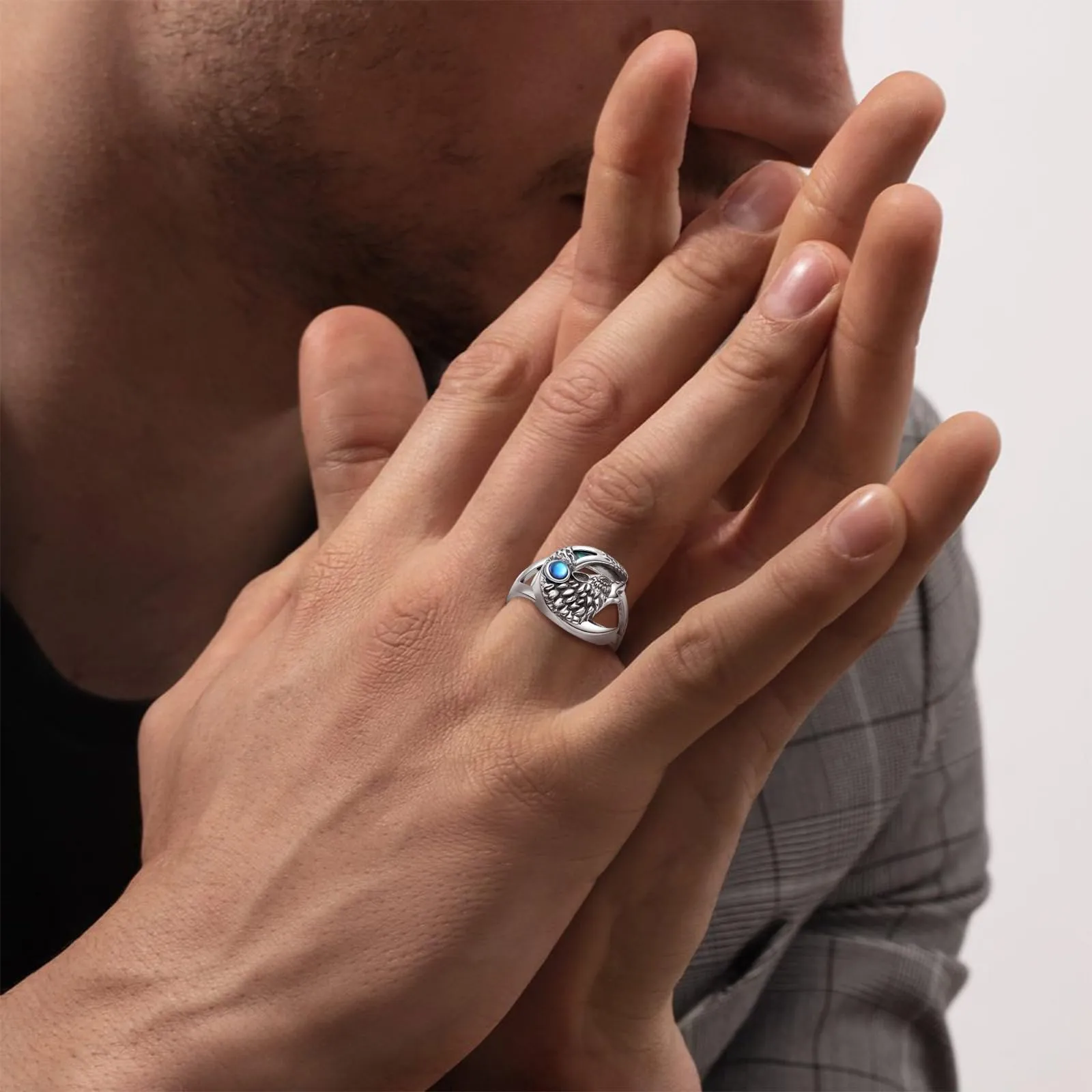 AEONSLOVE Anello Lupo Argento Sterling 925 per Uomo Donna, Anello Regolabile Argento 925 Anelli Lupo e Luna con Pietra di Luna Anello Aperto da Pollice - immagine 6