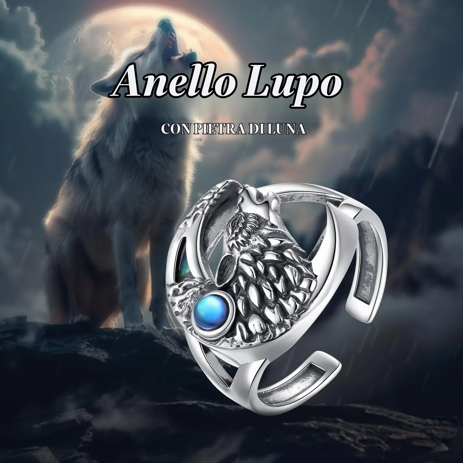 AEONSLOVE Anello Lupo Argento Sterling 925 per Uomo Donna, Anello Regolabile Argento 925 Anelli Lupo e Luna con Pietra di Luna Anello Aperto da Pollice - immagine 7