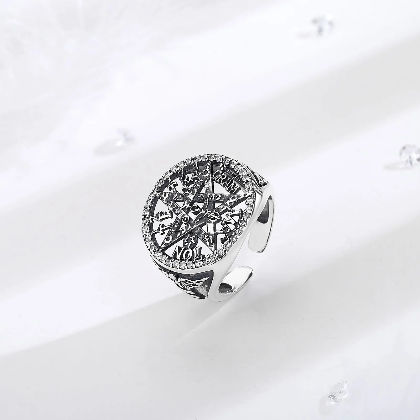 AEONSLOVE Anello Tetragrammaton Regolabile Argento 925 per Uomo Donna, Anello Aperto Tetragramma Pentagramma Anello Pentacolo Wicca - immagine 2