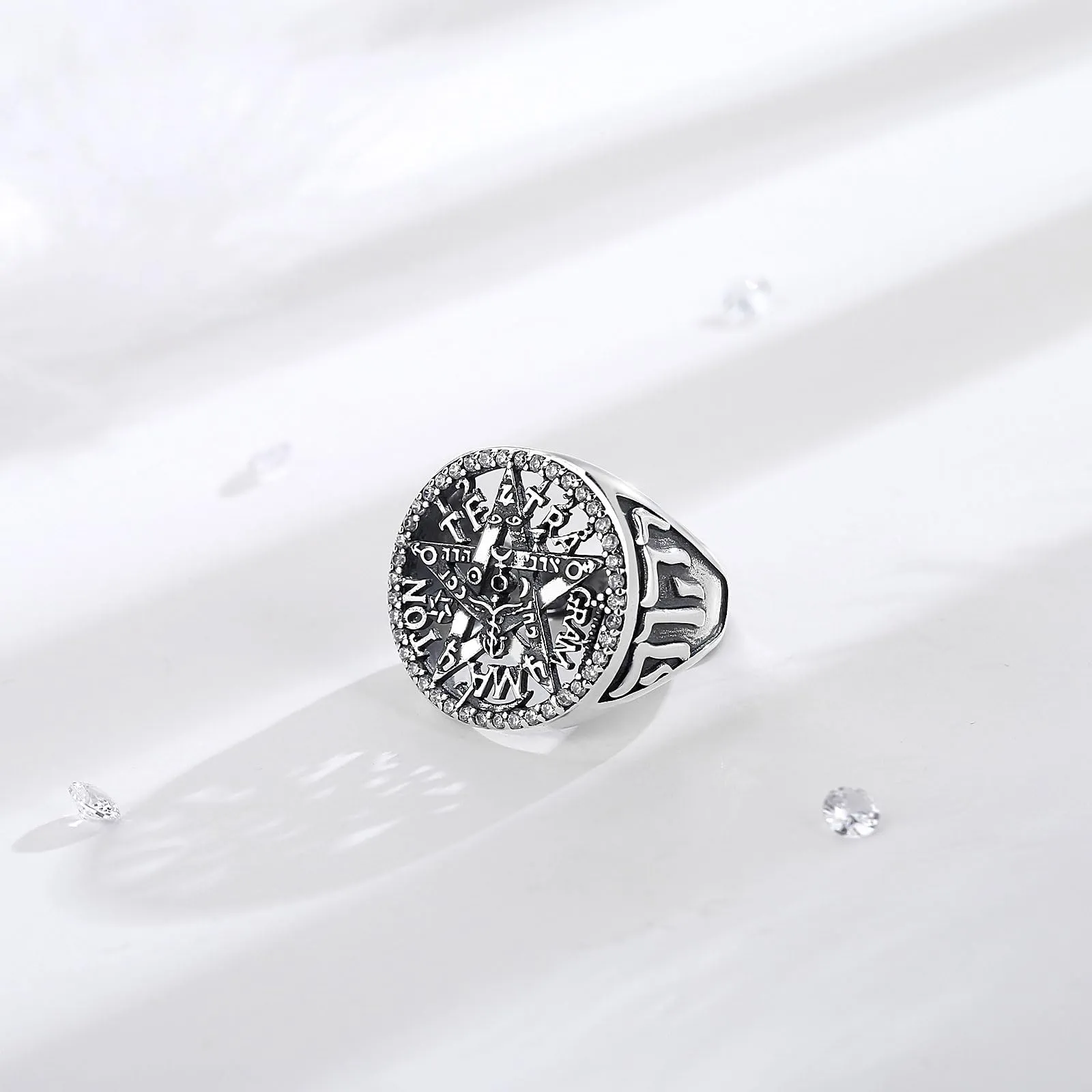 AEONSLOVE Anello Tetragrammaton Regolabile Argento 925 per Uomo Donna, Anello Aperto Tetragramma Pentagramma Anello Pentacolo Wicca - immagine 3