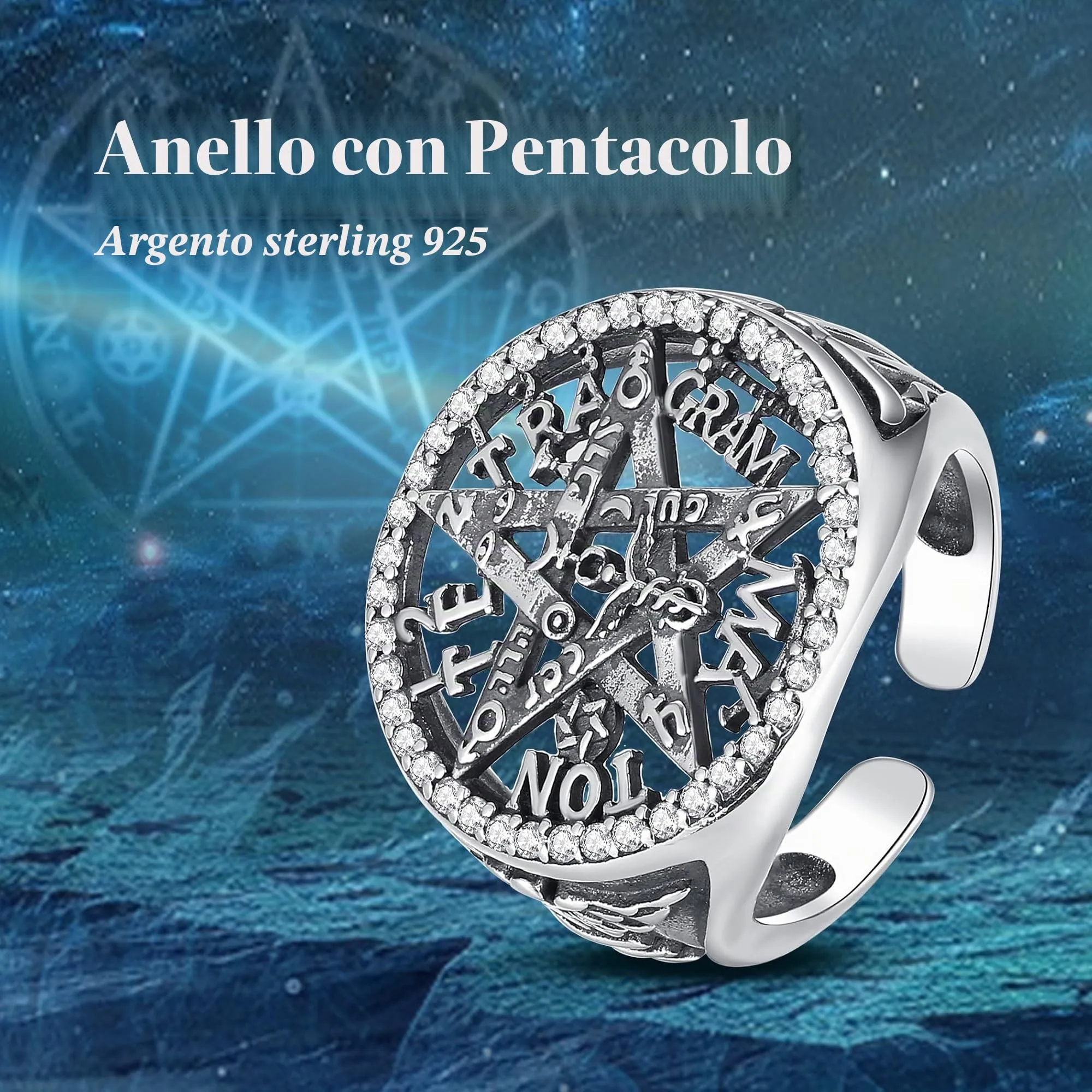 AEONSLOVE Anello Tetragrammaton Regolabile Argento 925 per Uomo Donna, Anello Aperto Tetragramma Pentagramma Anello Pentacolo Wicca - immagine 7