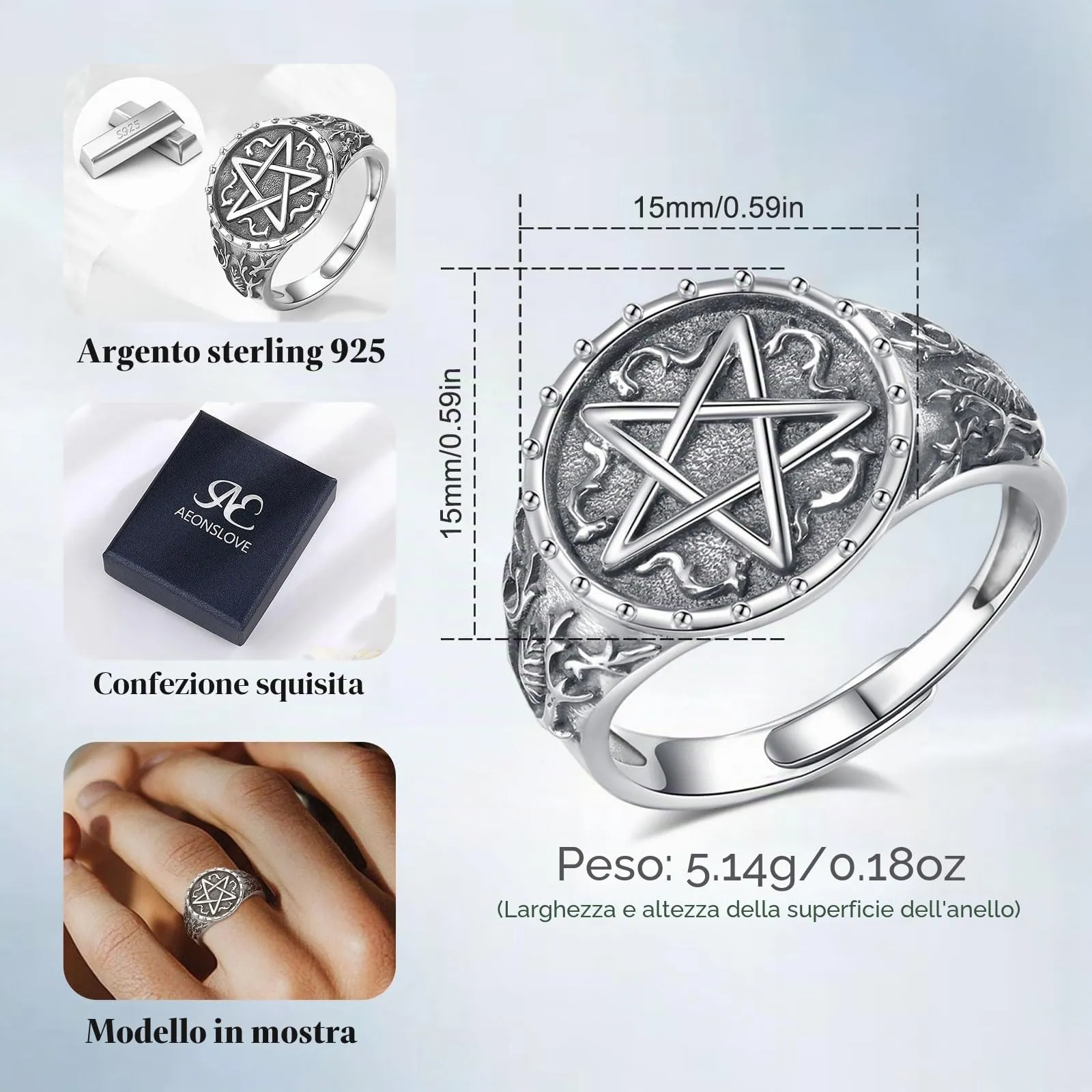 AEONSLOVE Anello Pentacolo Regolabile Argento 925 per Uomo Donna, Anello Aperto Pentacolo Wicca Anelli Amuleti e Talismani Protezione - immagine 7