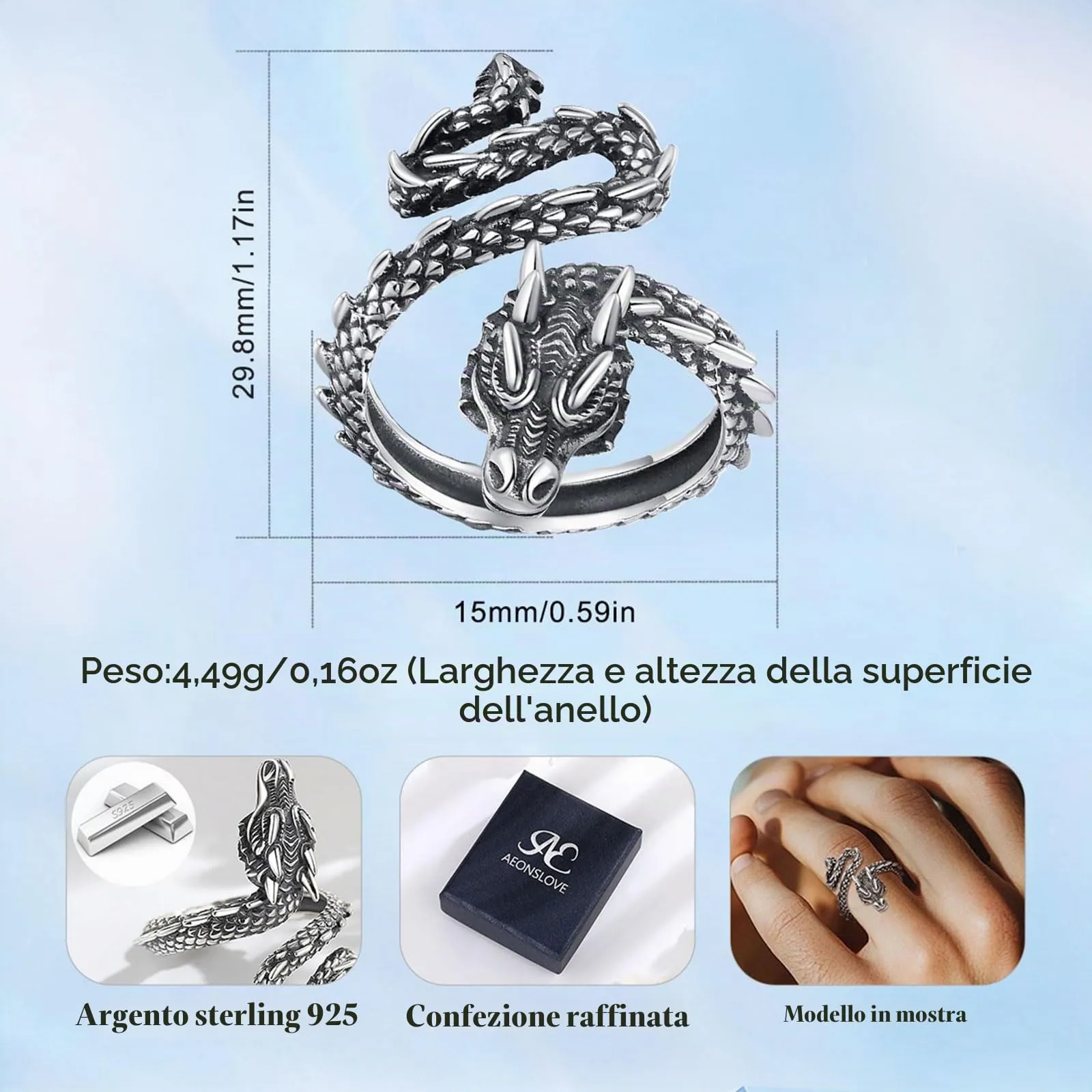 AEONSLOVE Anello Drago Argento 925 Anello Uomo Regolabile Vichingo Anelli Drago Aperti Argento 925 Anelli Regolabili Donna - immagine 7