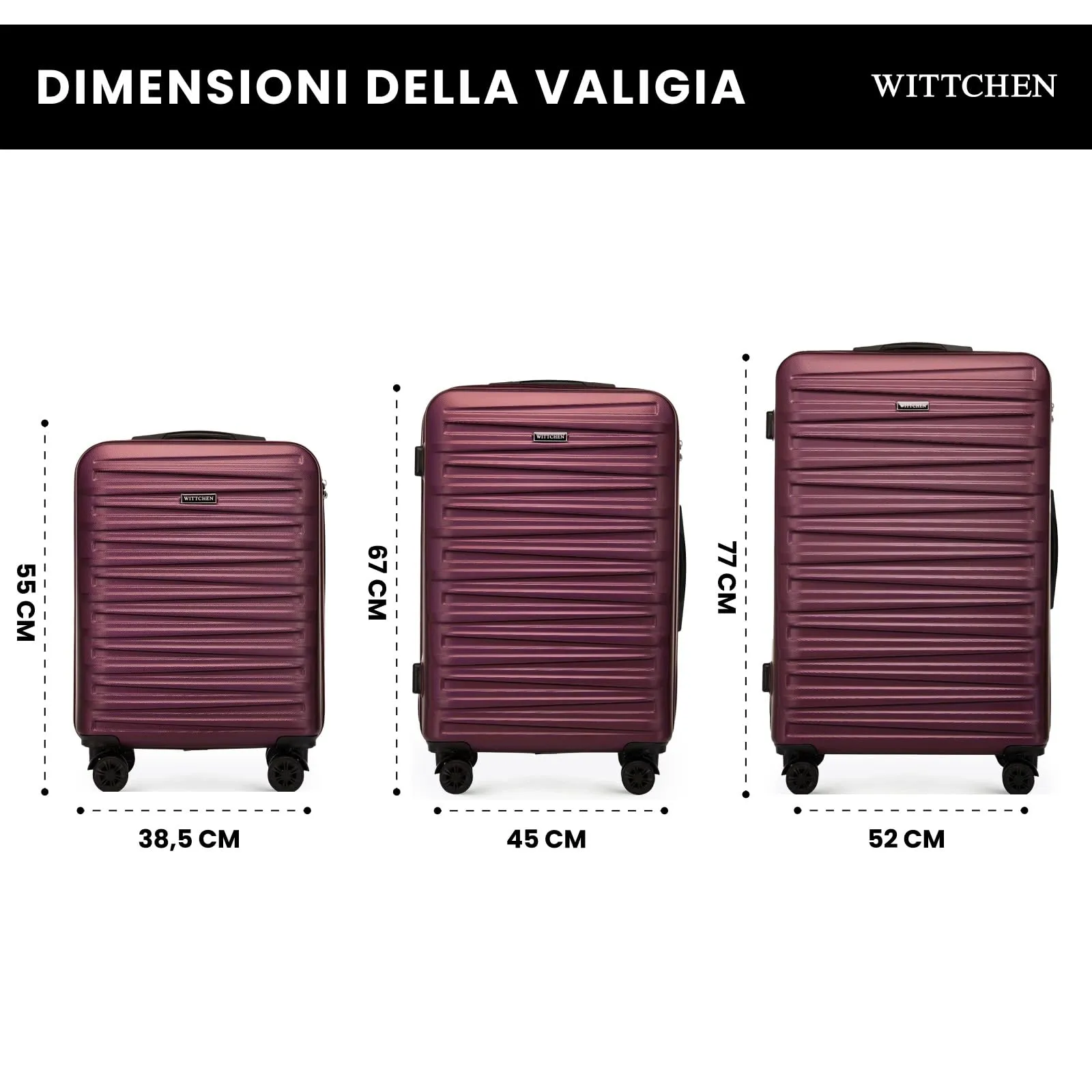 WITTCHEN Skyspeed Line Set di 3 valigie Valigia da viaggio Rolling Trolley Bagaglio a mano rigide in ABS con serratura a combinazione Manico telescopico 4 ruote Marrone Ryanair/ITA Airways - immagine 2