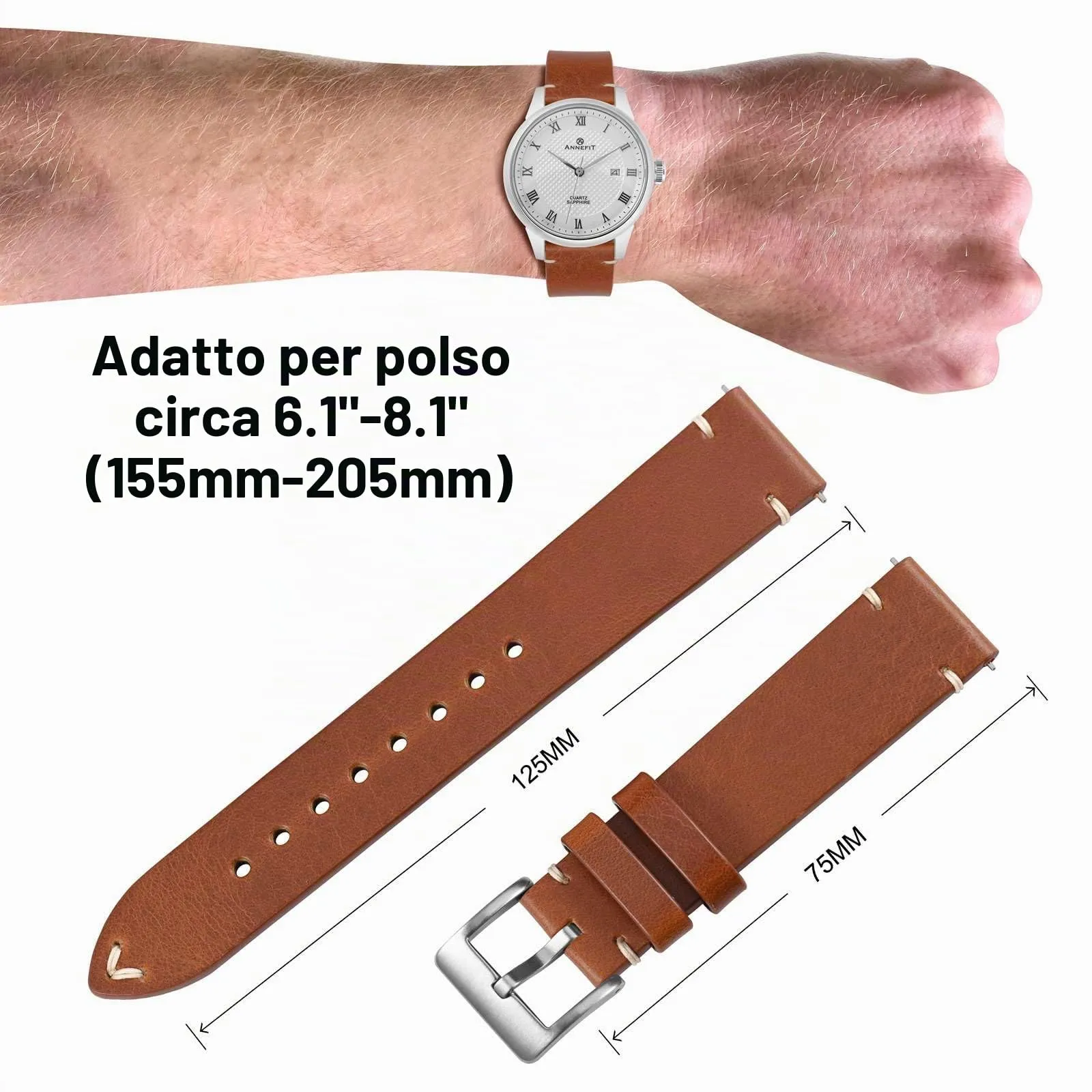 ANNEFIT Vintage Cinturino Orologio per Uomo Donna, Cinturini in Pelle Italiana, Sgancio Rapido, Larghezza della banda 22mm (Marrone) - immagine 4