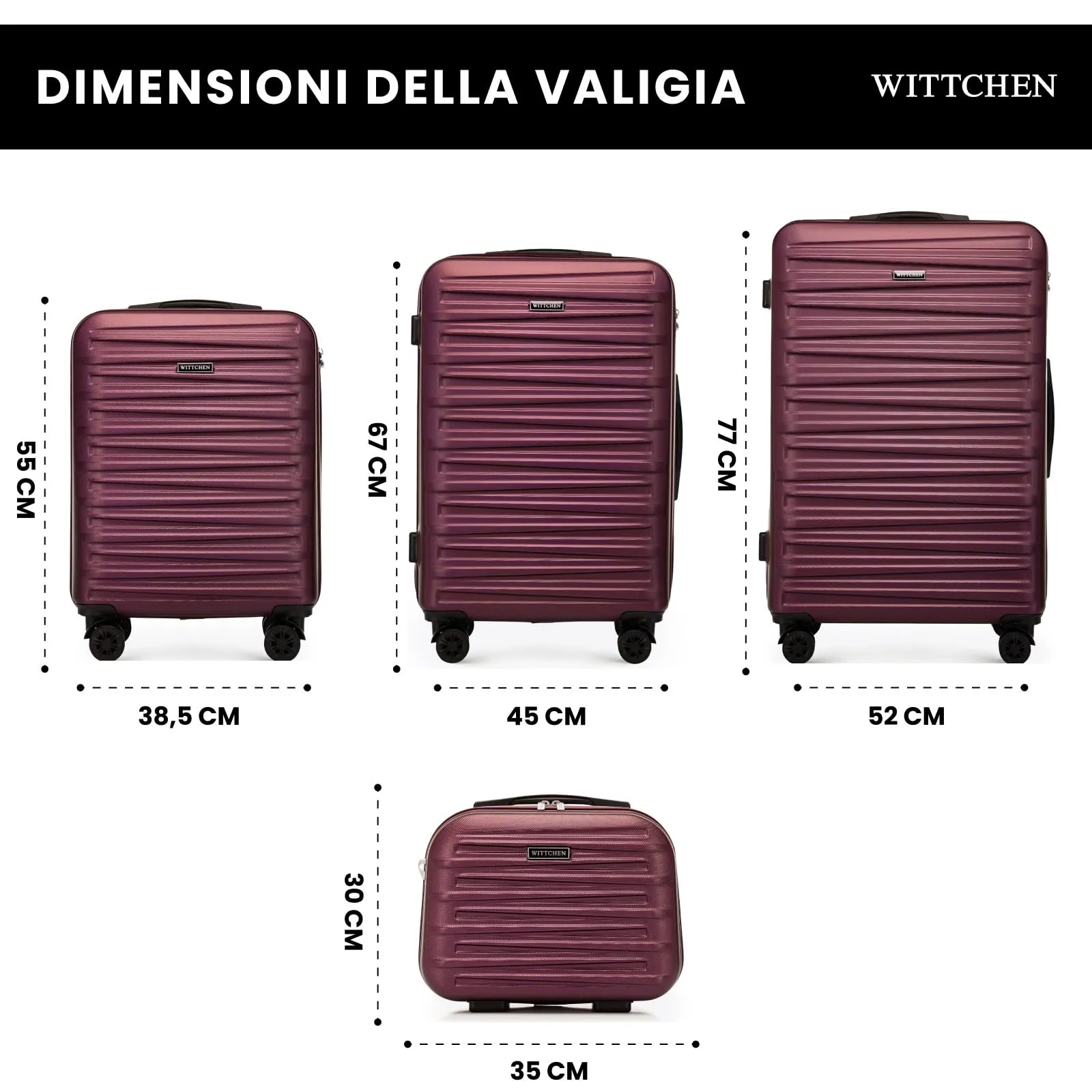 WITTCHEN Skyspeed Line Set di 4 valigie con custodia per cosmetici Valigia da viaggio trolley bagaglio a mano rigida ABS chiusura a combinazione manico telescopico 4 ruote Marrone Ryanair/ITA Airways - immagine 2