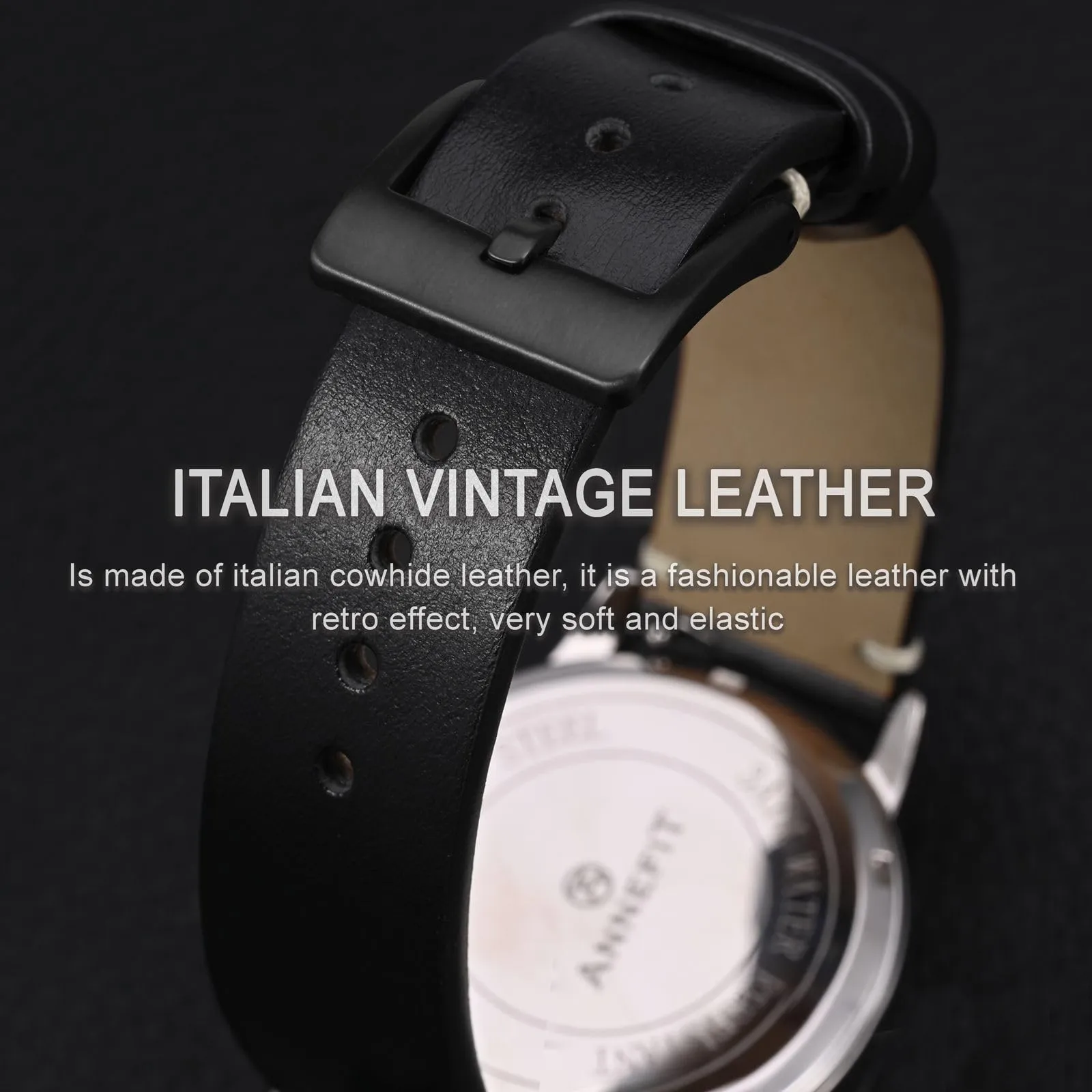 ANNEFIT Vintage Cinturino Orologio per Uomo Donna, Cinturini in Pelle Italiana, Sgancio Rapido e Fibbia Nera, Larghezza della banda 18mm (Nero) - immagine 3