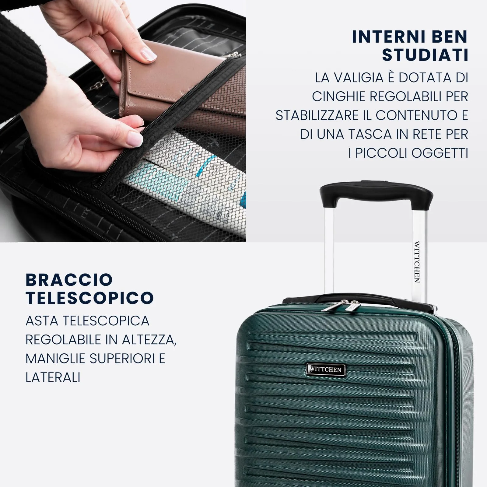 WITTCHEN Skyspeed Line Valigia da cabina gratuita a bordo piccola Valigia rigida in ABS Maniglia telescopica 2 ruote gamba inferiore blu navy Ryanair/ITA Airways/Wizz Air/Volotea/Vueling - immagine 4