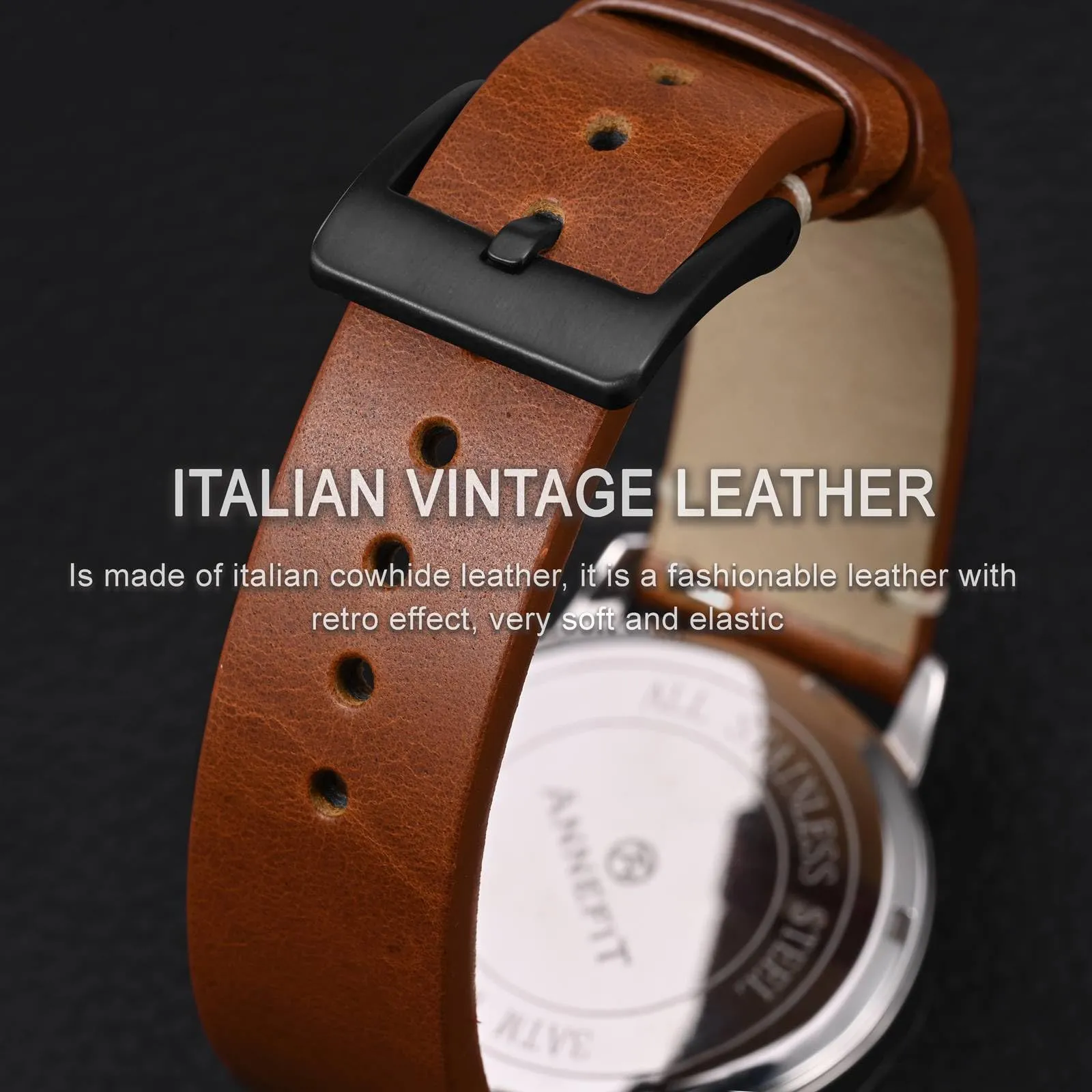 ANNEFIT Vintage Cinturino Orologio per Uomo Donna, Cinturini in Pelle Italiana, Sgancio Rapido e Fibbia Nera, Larghezza della banda 18mm (Marrone) - immagine 3
