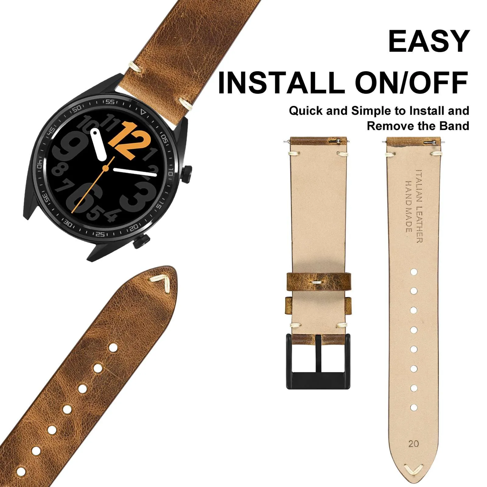 ANNEFIT Vintage Cinturino Orologio per Uomo Donna, Cinturini in Pelle Italiana, Sgancio Rapido e Fibbia Nera, Larghezza della banda 22mm (Giallo Marrone) - immagine 7