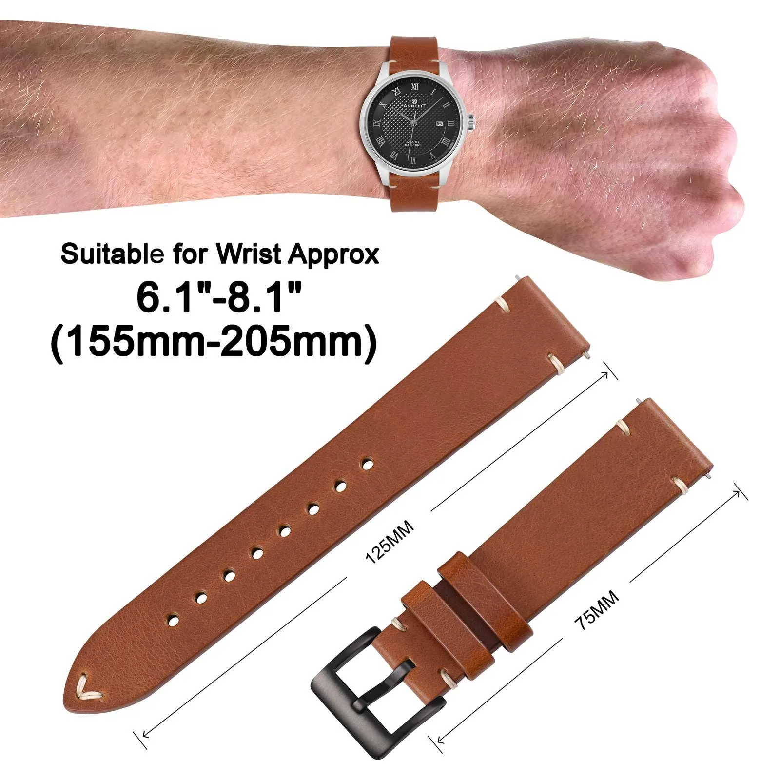ANNEFIT Vintage Cinturino Orologio per Uomo Donna, Cinturini in Pelle Italiana, Sgancio Rapido e Fibbia Nera, Larghezza della banda 20mm (Marrone) - immagine 4