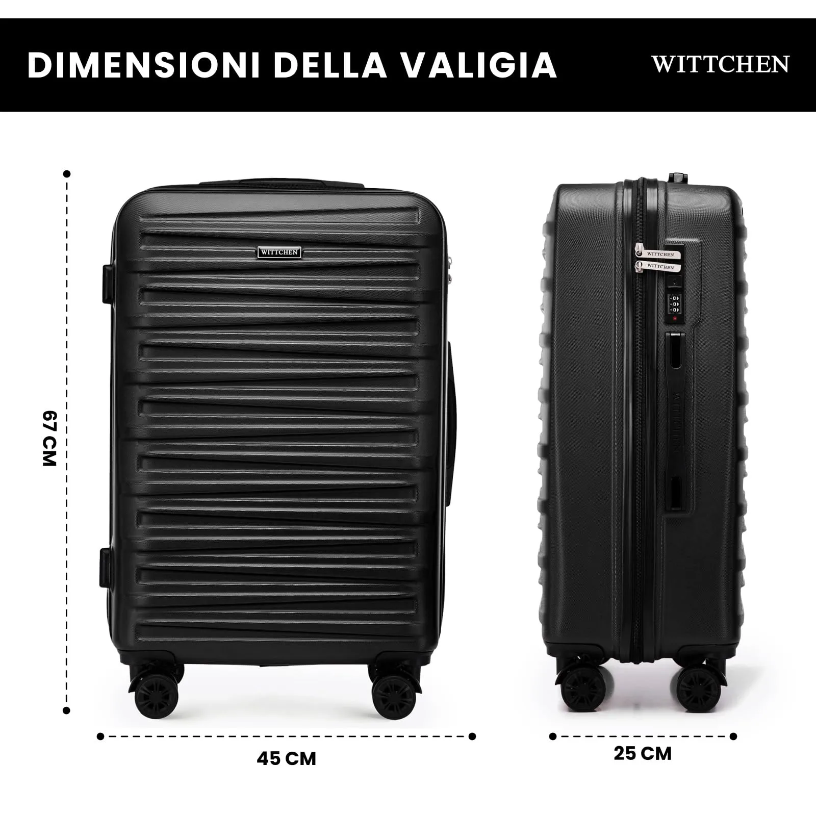 WITTCHEN Skyspeed Line Valigia media rigida con ruote in ABS Trolley medio Valigia da viaggio Serratura a combinazione Manico telescopico 4 ruote Nero Ryanair/ITA Airways/Wizz Air - immagine 2