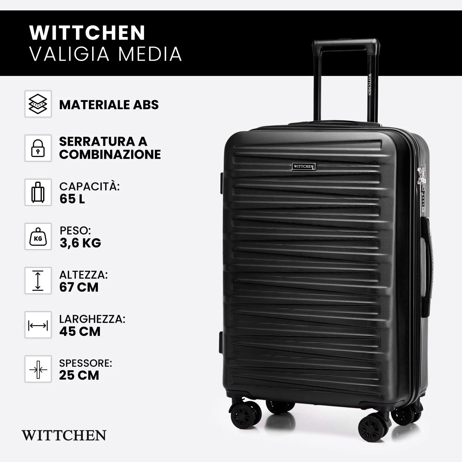 WITTCHEN Skyspeed Line Valigia media rigida con ruote in ABS Trolley medio Valigia da viaggio Serratura a combinazione Manico telescopico 4 ruote Nero Ryanair/ITA Airways/Wizz Air - immagine 7