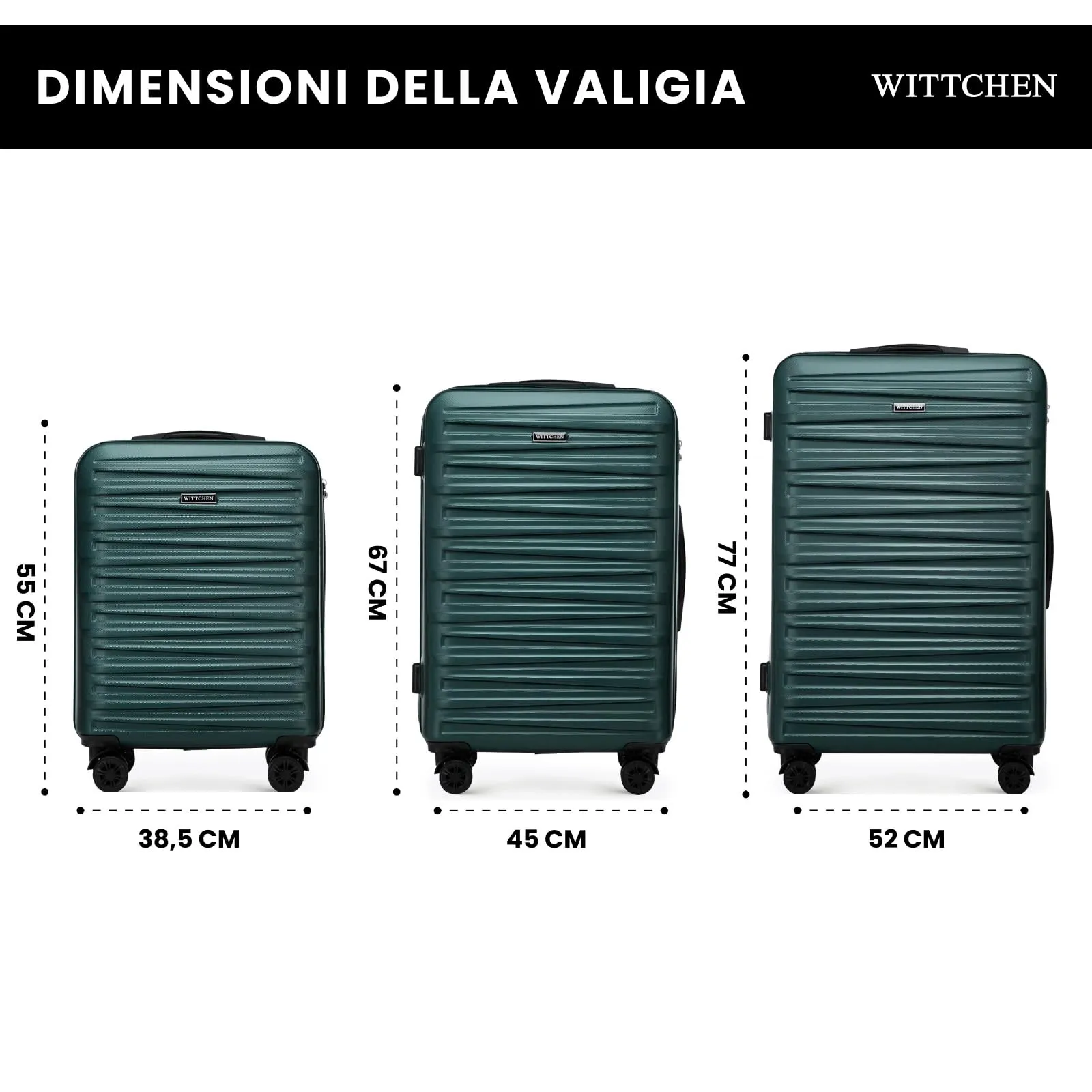 WITTCHEN Skyspeed Line Set di 3 valigie Valigia da viaggio Rolling Trolley Bagaglio a mano rigide in ABS con serratura a combinazione Manico telescopico 4 ruote verde Ryanair/ITA Airways - immagine 2