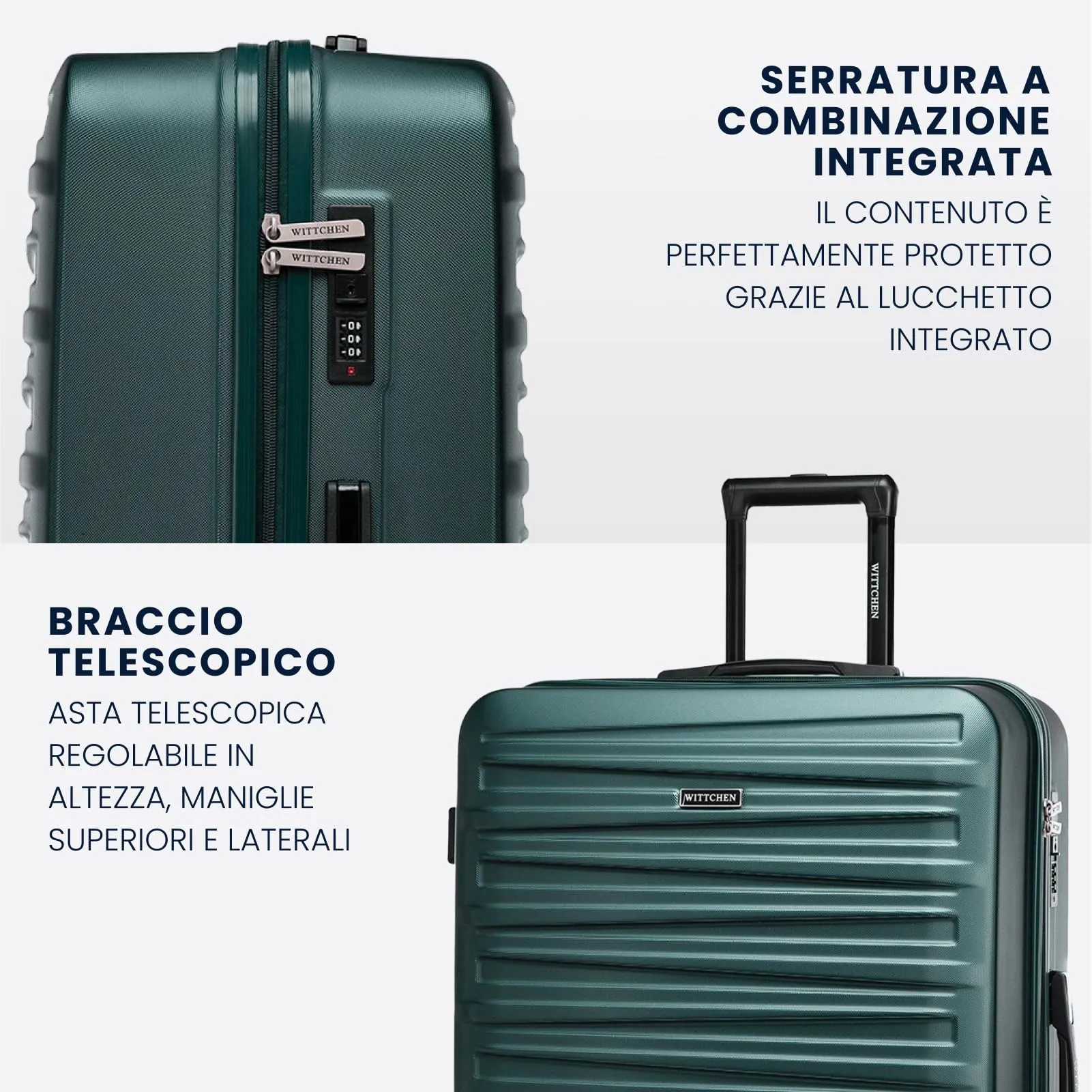 WITTCHEN Skyspeed Line Set di 3 valigie Valigia da viaggio Rolling Trolley Bagaglio a mano rigide in ABS con serratura a combinazione Manico telescopico 4 ruote verde Ryanair/ITA Airways - immagine 4