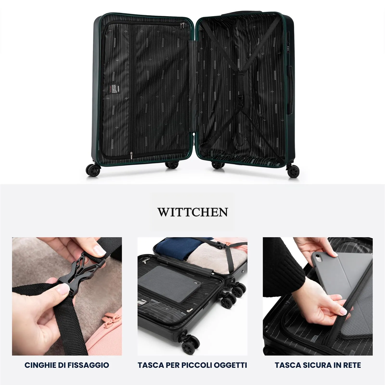 WITTCHEN Skyspeed Line Set di 3 valigie Valigia da viaggio Rolling Trolley Bagaglio a mano rigide in ABS con serratura a combinazione Manico telescopico 4 ruote verde Ryanair/ITA Airways - immagine 5
