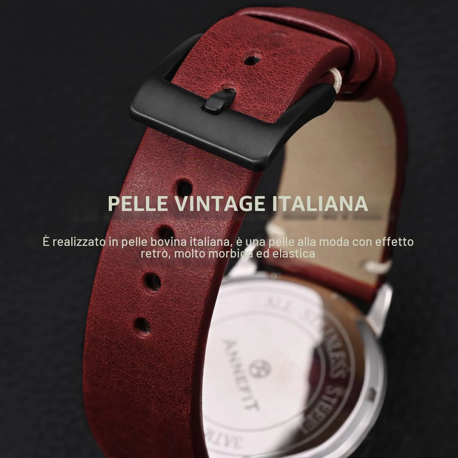 ANNEFIT Vintage Cinturino Orologio per Uomo Donna, Cinturini in Pelle Italiana, Sgancio Rapido e Fibbia Nera, Larghezza della banda 18mm (Rosso) - immagine 3