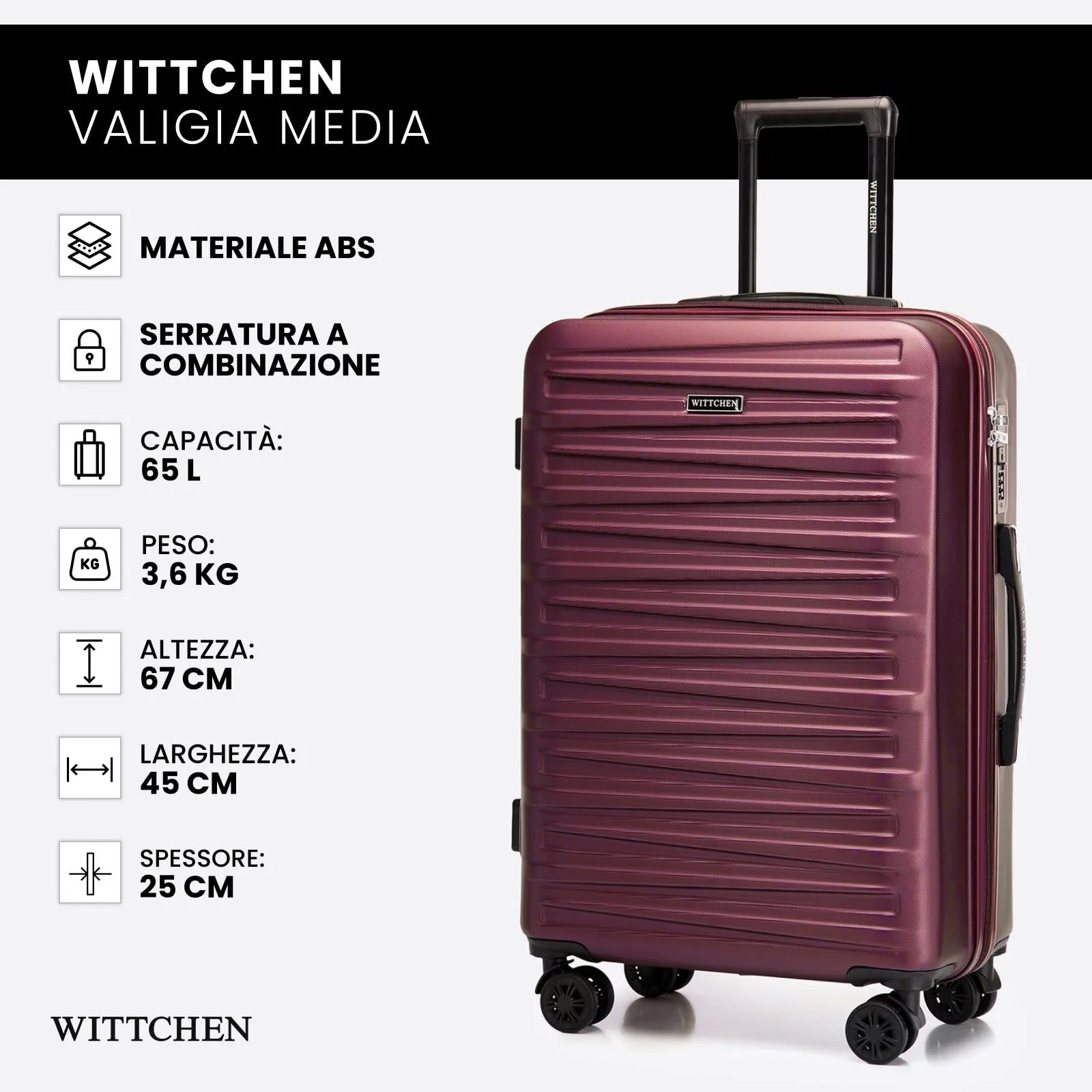WITTCHEN Skyspeed Line Valigia media rigida con ruote in ABS Trolley medio Valigia da viaggio Serratura a combinazione Manico telescopico 4 ruote Marrone Ryanair/ITA Airways/Wizz Air - immagine 7