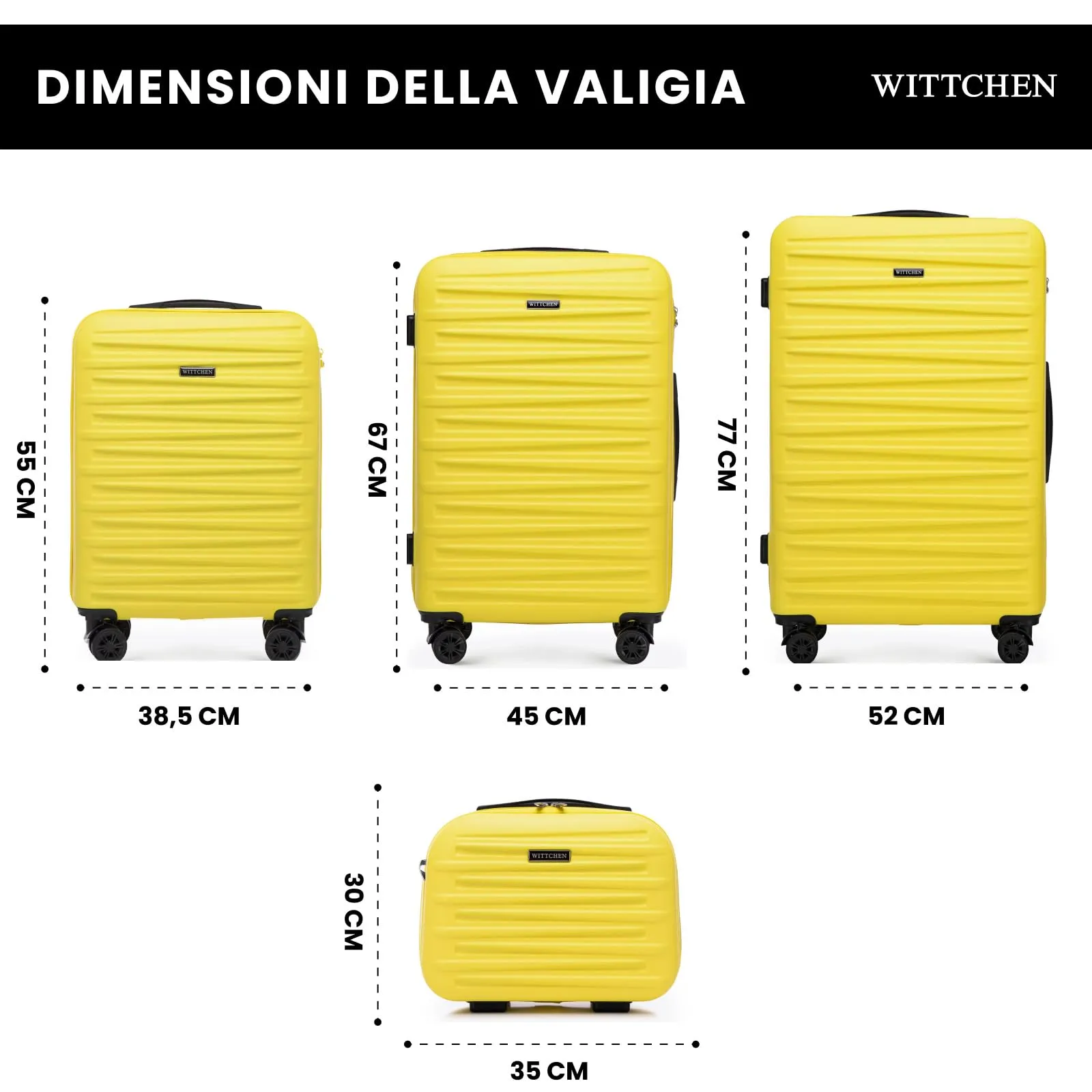 WITTCHEN Skyspeed Line Set di 4 valigie con custodia per cosmetici Valigia da viaggio trolley bagaglio a mano rigida ABS chiusura a combinazione manico telescopico 4 ruote giallo Ryanair/ITA Airways - immagine 2