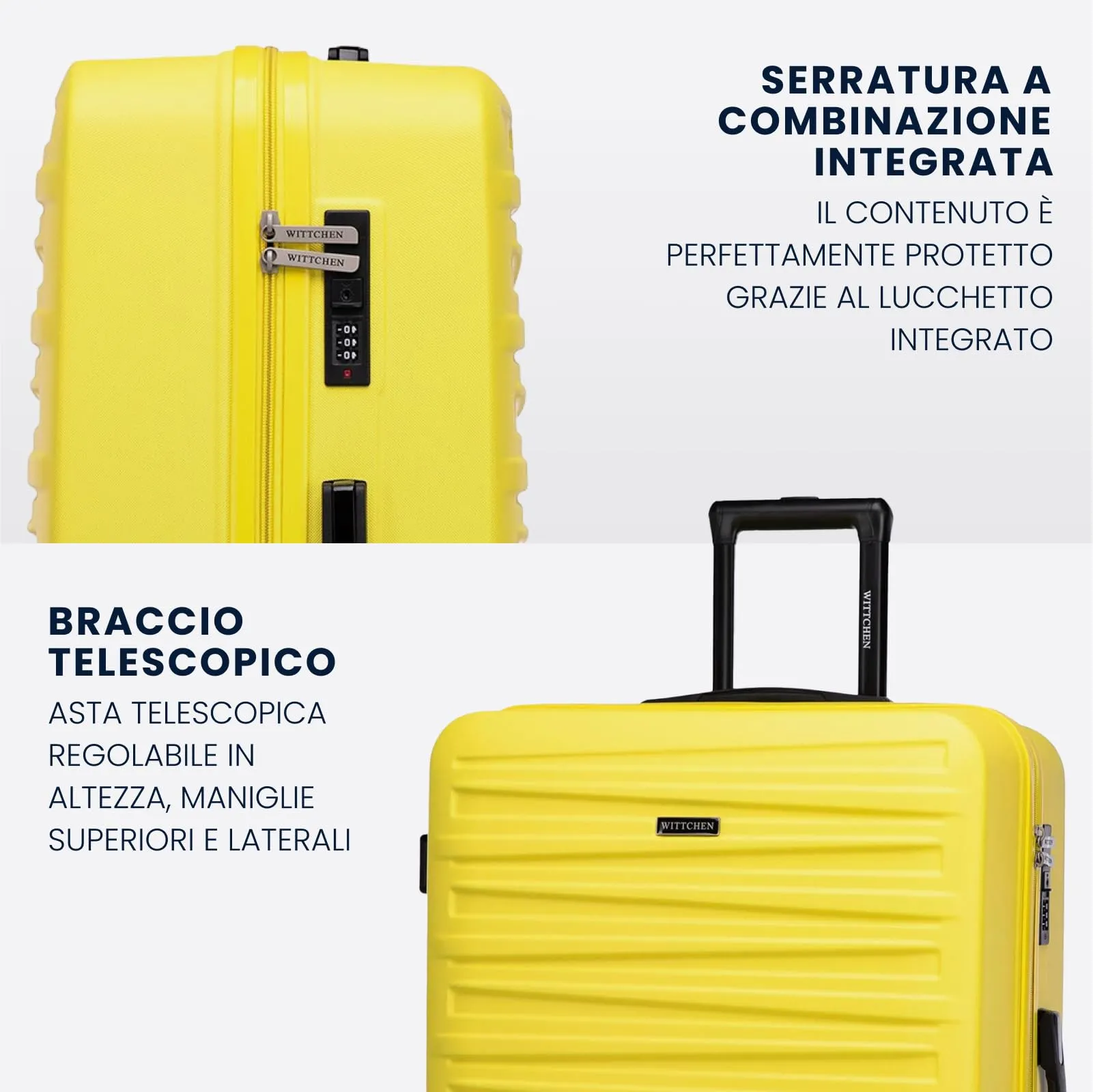 WITTCHEN Skyspeed Line Set di 4 valigie con custodia per cosmetici Valigia da viaggio trolley bagaglio a mano rigida ABS chiusura a combinazione manico telescopico 4 ruote giallo Ryanair/ITA Airways - immagine 4