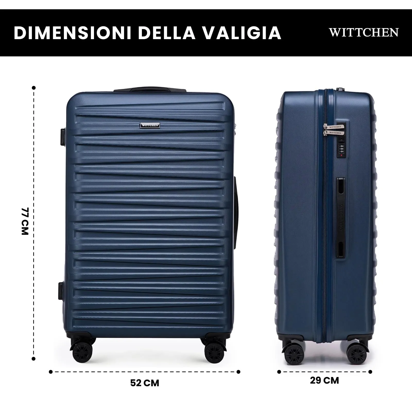 WITTCHEN Skyspeed Line Valigia grande Valigia rigida ABS Valigia grande Rolling Trolley Check-In Valigia da viaggio Serratura a combinazione Manico telescopico 4 Ruote Blu Navy Ryanair/ITA Airways - immagine 2
