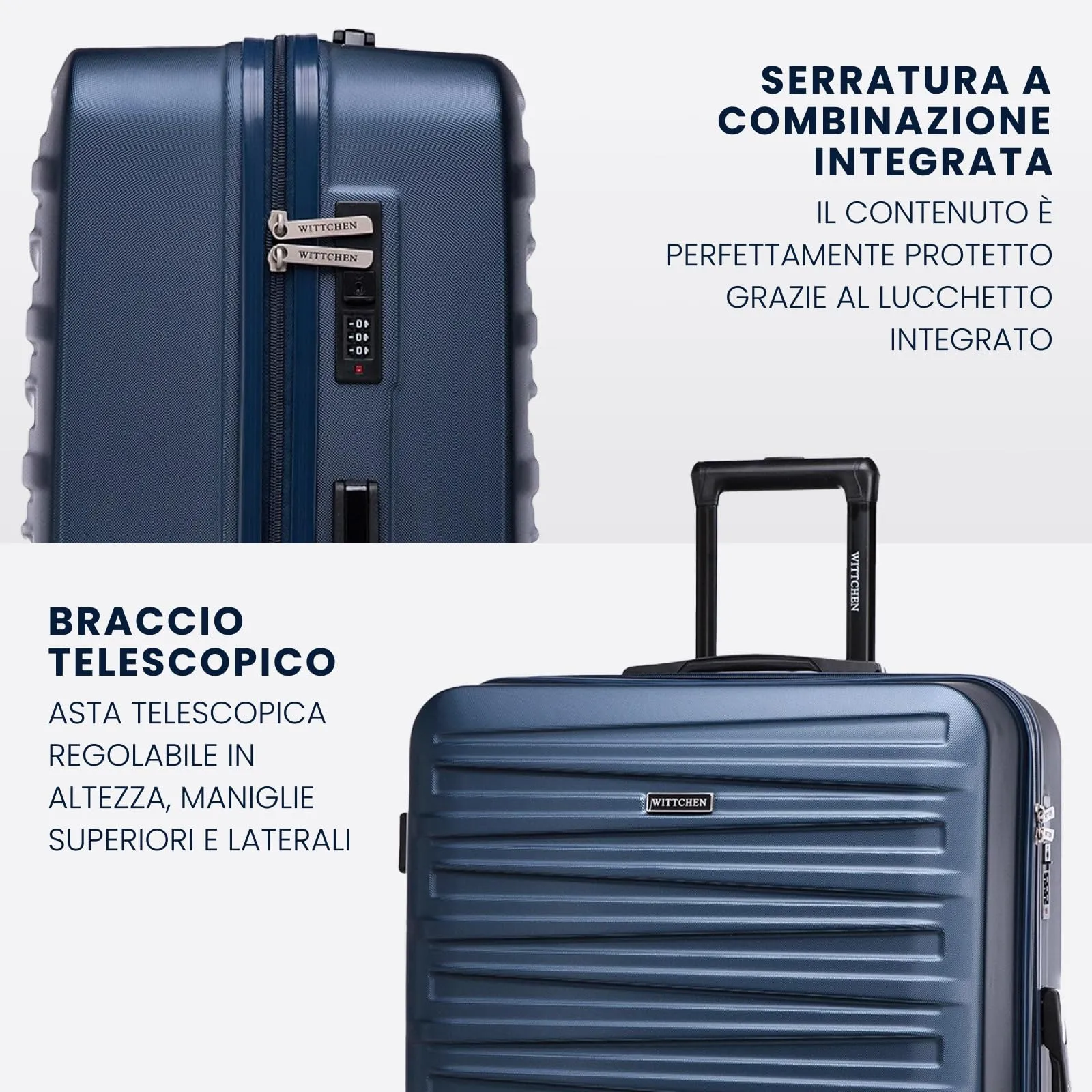 WITTCHEN Skyspeed Line Valigia grande Valigia rigida ABS Valigia grande Rolling Trolley Check-In Valigia da viaggio Serratura a combinazione Manico telescopico 4 Ruote Blu Navy Ryanair/ITA Airways - immagine 4