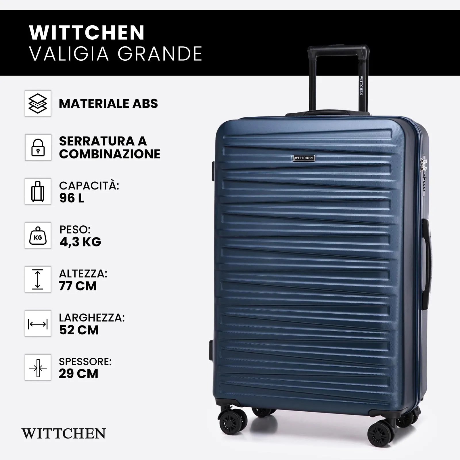 WITTCHEN Skyspeed Line Valigia grande Valigia rigida ABS Valigia grande Rolling Trolley Check-In Valigia da viaggio Serratura a combinazione Manico telescopico 4 Ruote Blu Navy Ryanair/ITA Airways - immagine 7
