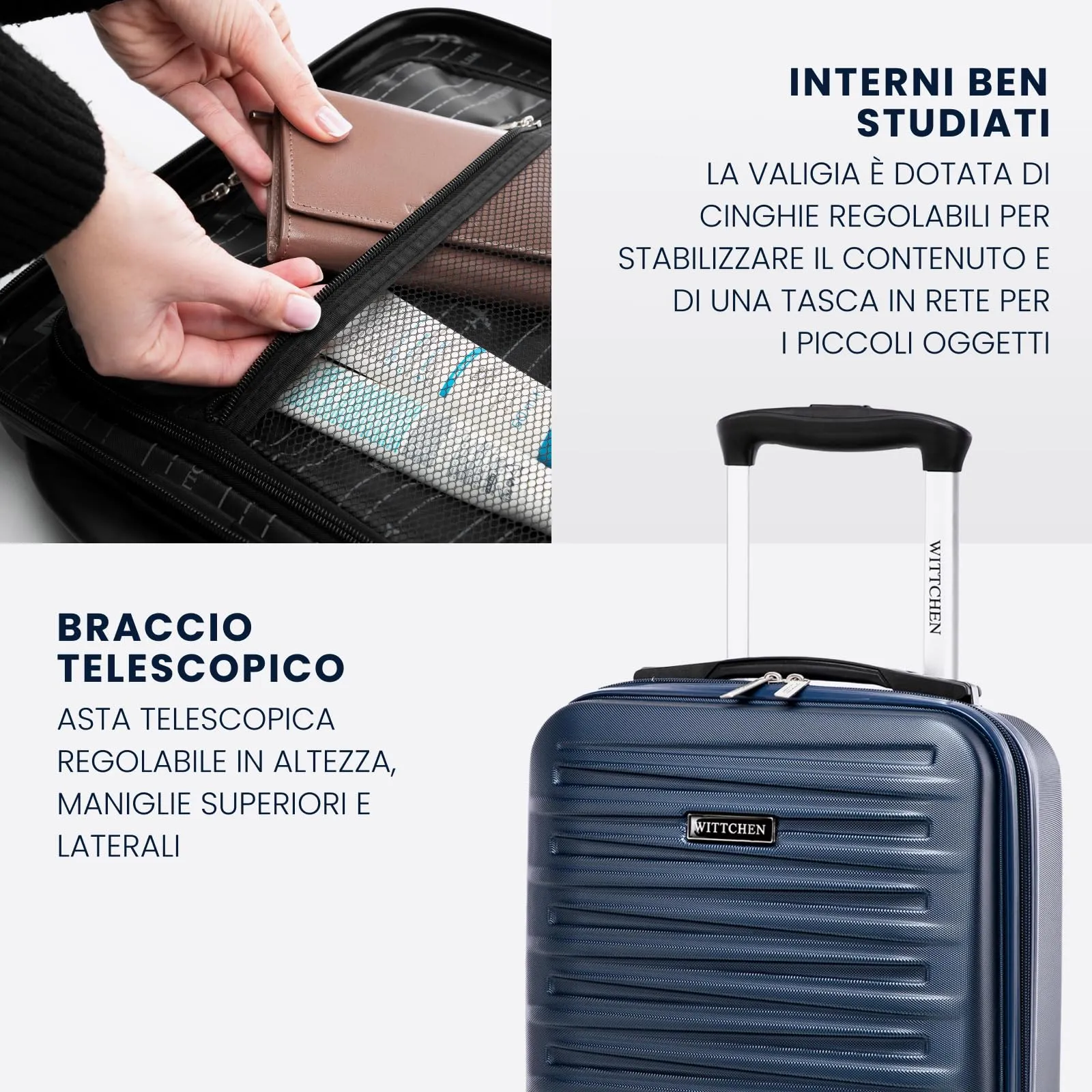 WITTCHEN Skyspeed Line Valigia da cabina gratuita a bordo piccola Valigia rigida in ABS Maniglia telescopica 2 ruote gamba inferiore blu navy Ryanair/ITA Airways/Wizz Air/Volotea/Vueling - immagine 4