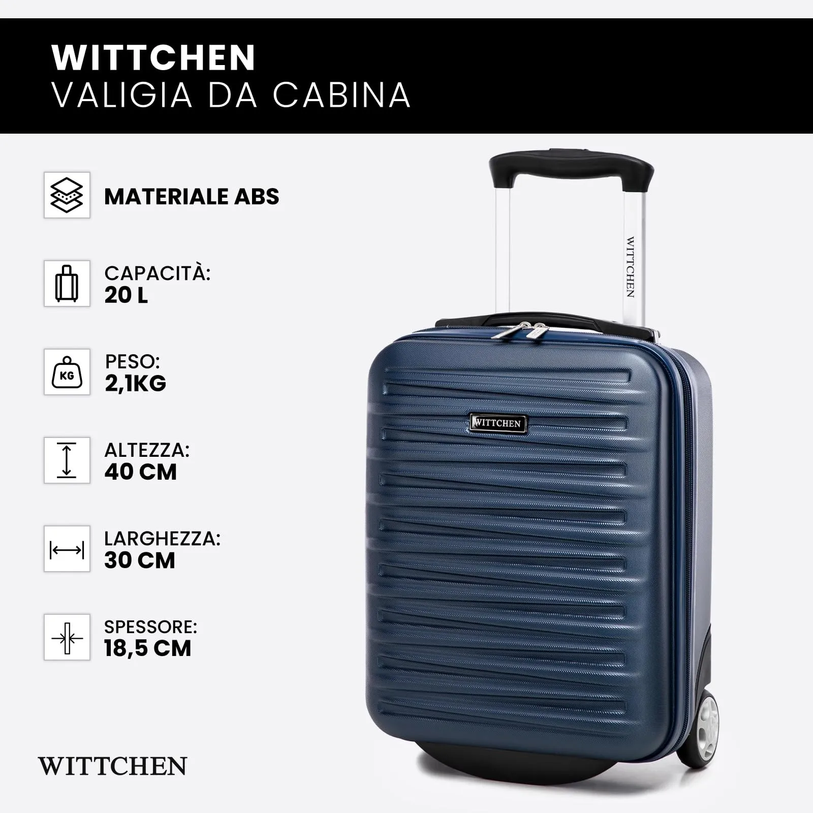 WITTCHEN Skyspeed Line Valigia da cabina gratuita a bordo piccola Valigia rigida in ABS Maniglia telescopica 2 ruote gamba inferiore blu navy Ryanair/ITA Airways/Wizz Air/Volotea/Vueling - immagine 7