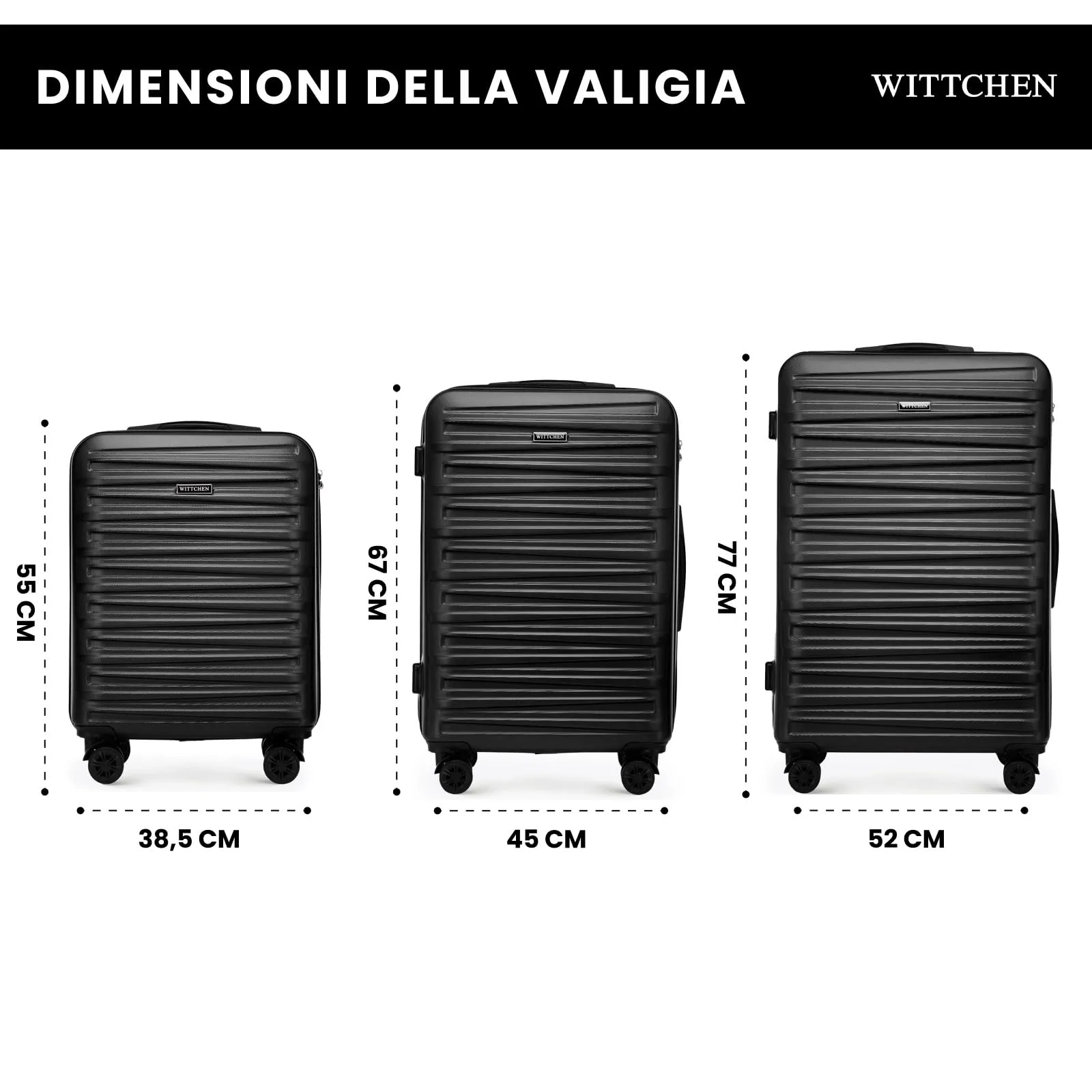 WITTCHEN Skyspeed Line Set di 3 valigie Valigia da viaggio Rolling Trolley Bagaglio a mano rigide in ABS con serratura a combinazione Manico telescopico 4 ruote Nero Ryanair/ITA Airways - immagine 2