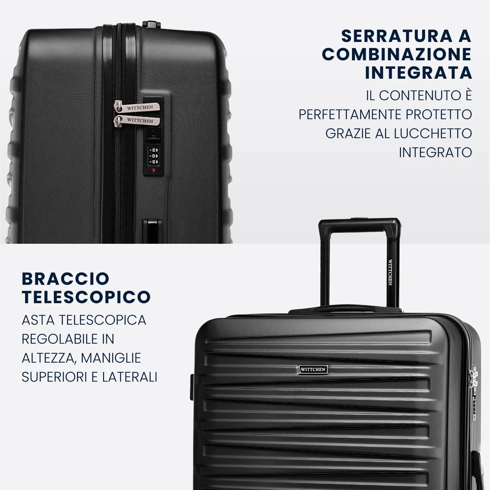 WITTCHEN Skyspeed Line Set di 3 valigie Valigia da viaggio Rolling Trolley Bagaglio a mano rigide in ABS con serratura a combinazione Manico telescopico 4 ruote Nero Ryanair/ITA Airways - immagine 4