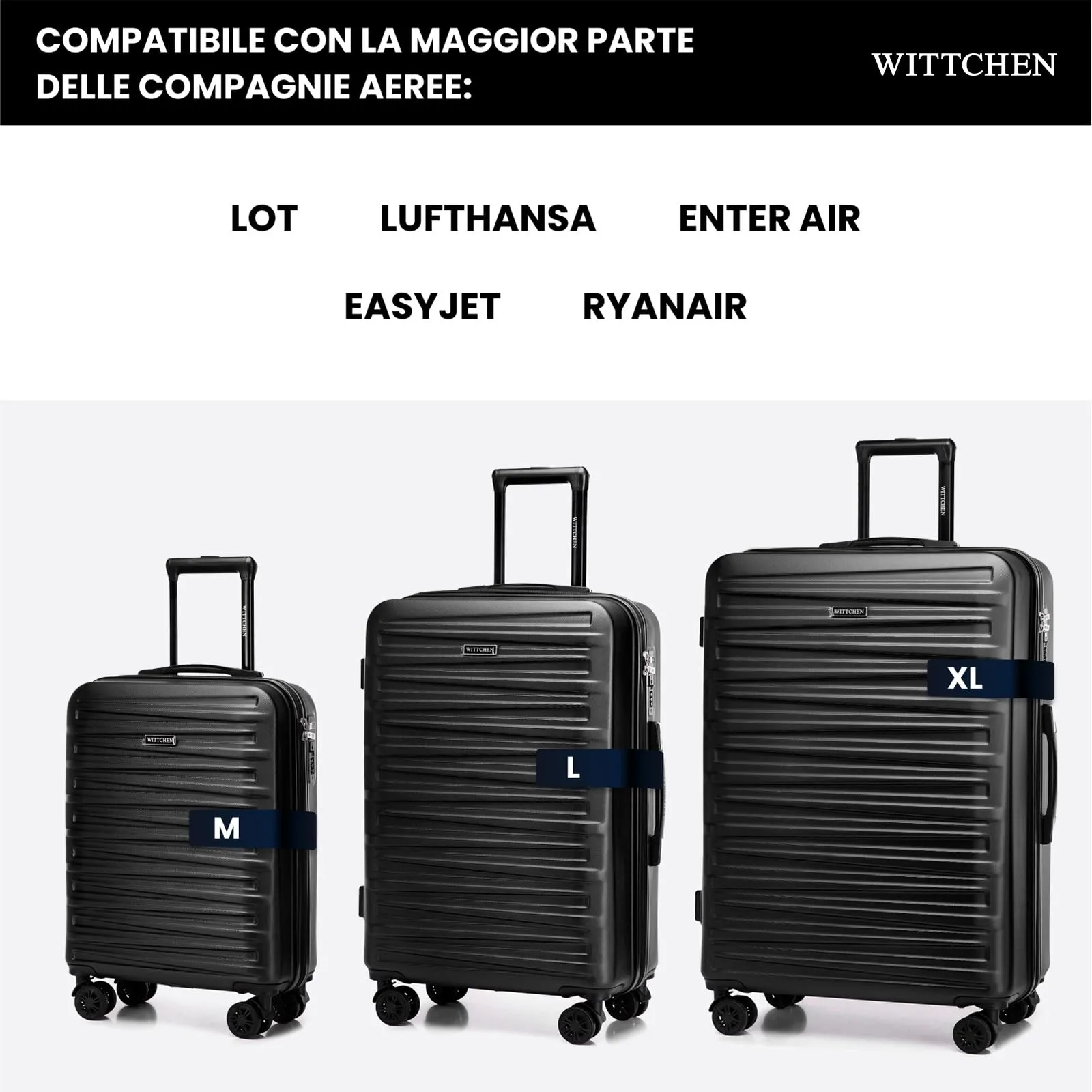 WITTCHEN Skyspeed Line Set di 3 valigie Valigia da viaggio Rolling Trolley Bagaglio a mano rigide in ABS con serratura a combinazione Manico telescopico 4 ruote Nero Ryanair/ITA Airways - immagine 6