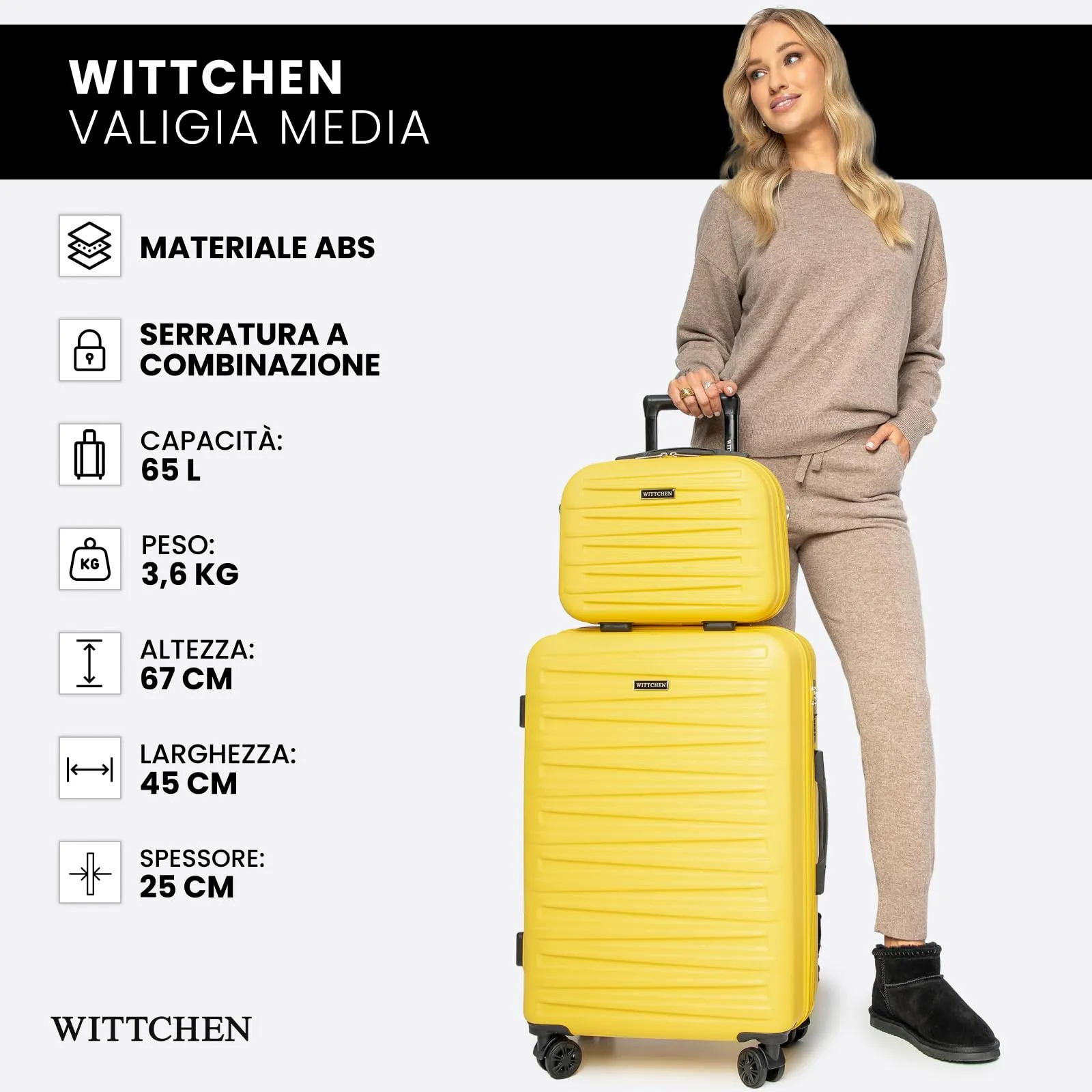 WITTCHEN Skyspeed Line Valigia media rigida con ruote in ABS Trolley medio Valigia da viaggio Serratura a combinazione Manico telescopico 4 ruote Giallo Ryanair/ITA Airways/Wizz Air - immagine 7