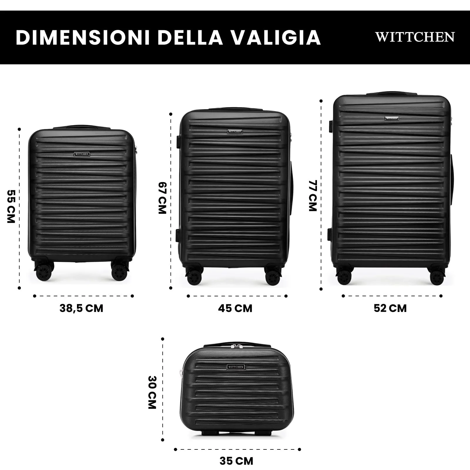 WITTCHEN Skyspeed Line Set di 4 valigie con custodia per cosmetici Valigia da viaggio trolley bagaglio a mano rigida ABS chiusura a combinazione manico telescopico 4 ruote nero Ryanair/ITA Airways - immagine 2