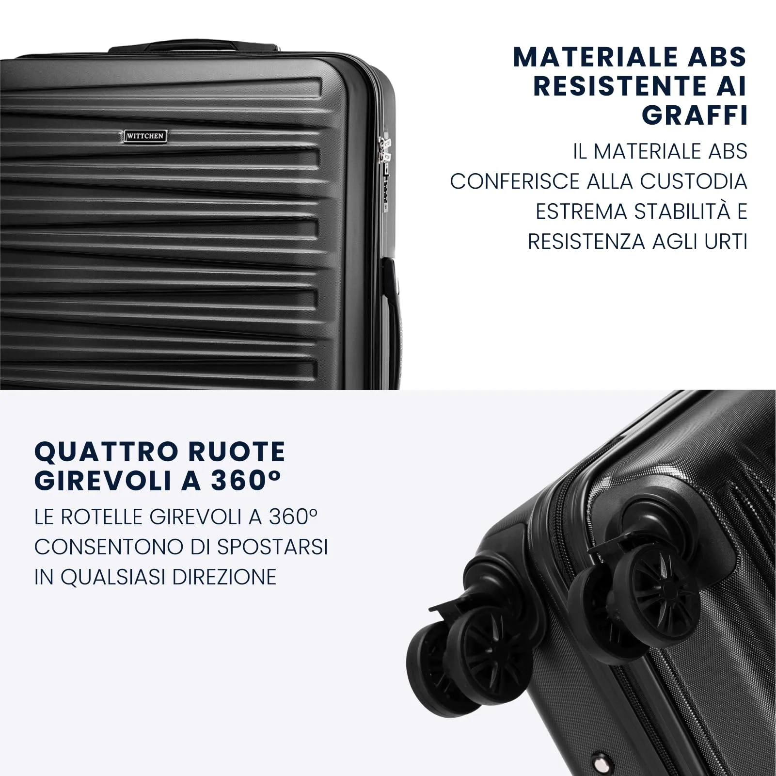 WITTCHEN Skyspeed Line Set di 4 valigie con custodia per cosmetici Valigia da viaggio trolley bagaglio a mano rigida ABS chiusura a combinazione manico telescopico 4 ruote nero Ryanair/ITA Airways - immagine 3