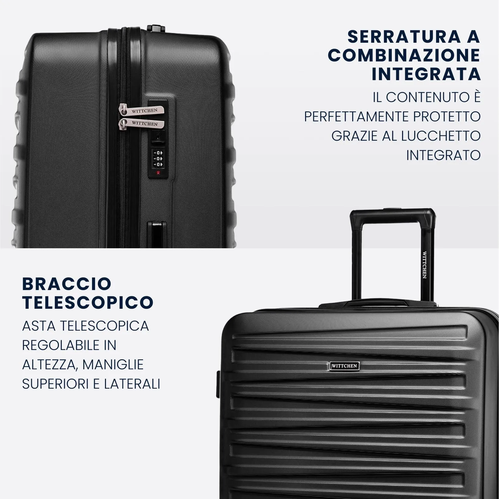 WITTCHEN Skyspeed Line Set di 4 valigie con custodia per cosmetici Valigia da viaggio trolley bagaglio a mano rigida ABS chiusura a combinazione manico telescopico 4 ruote nero Ryanair/ITA Airways - immagine 4