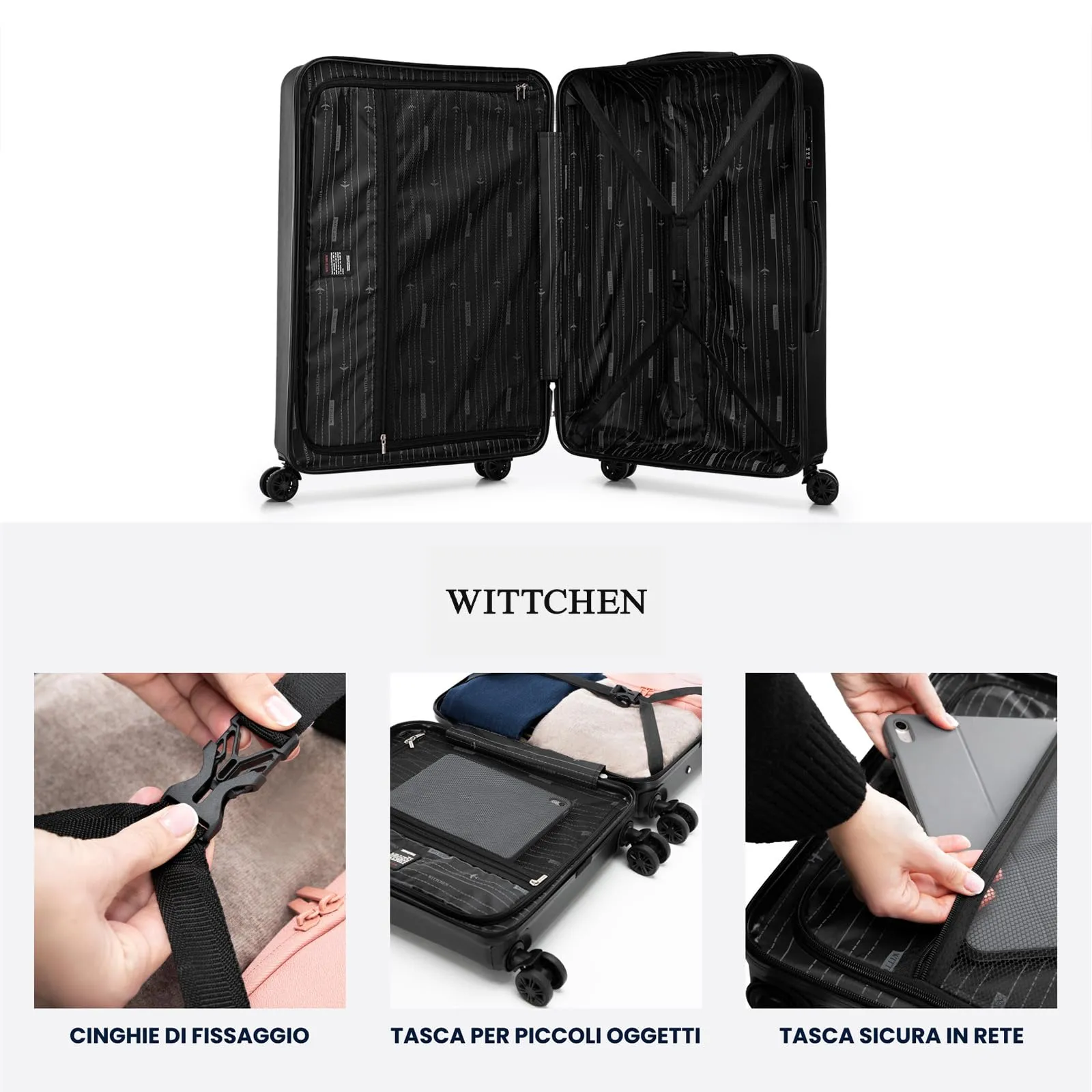 WITTCHEN Skyspeed Line Set di 4 valigie con custodia per cosmetici Valigia da viaggio trolley bagaglio a mano rigida ABS chiusura a combinazione manico telescopico 4 ruote nero Ryanair/ITA Airways - immagine 5
