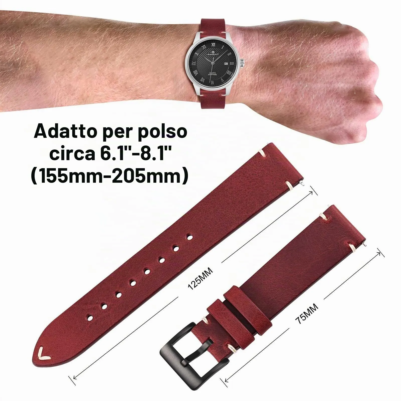 ANNEFIT Vintage Cinturino Orologio per Uomo Donna, Cinturini in Pelle Italiana, Sgancio Rapido e Fibbia Nera, Larghezza della banda 20mm (Rosso) - immagine 4