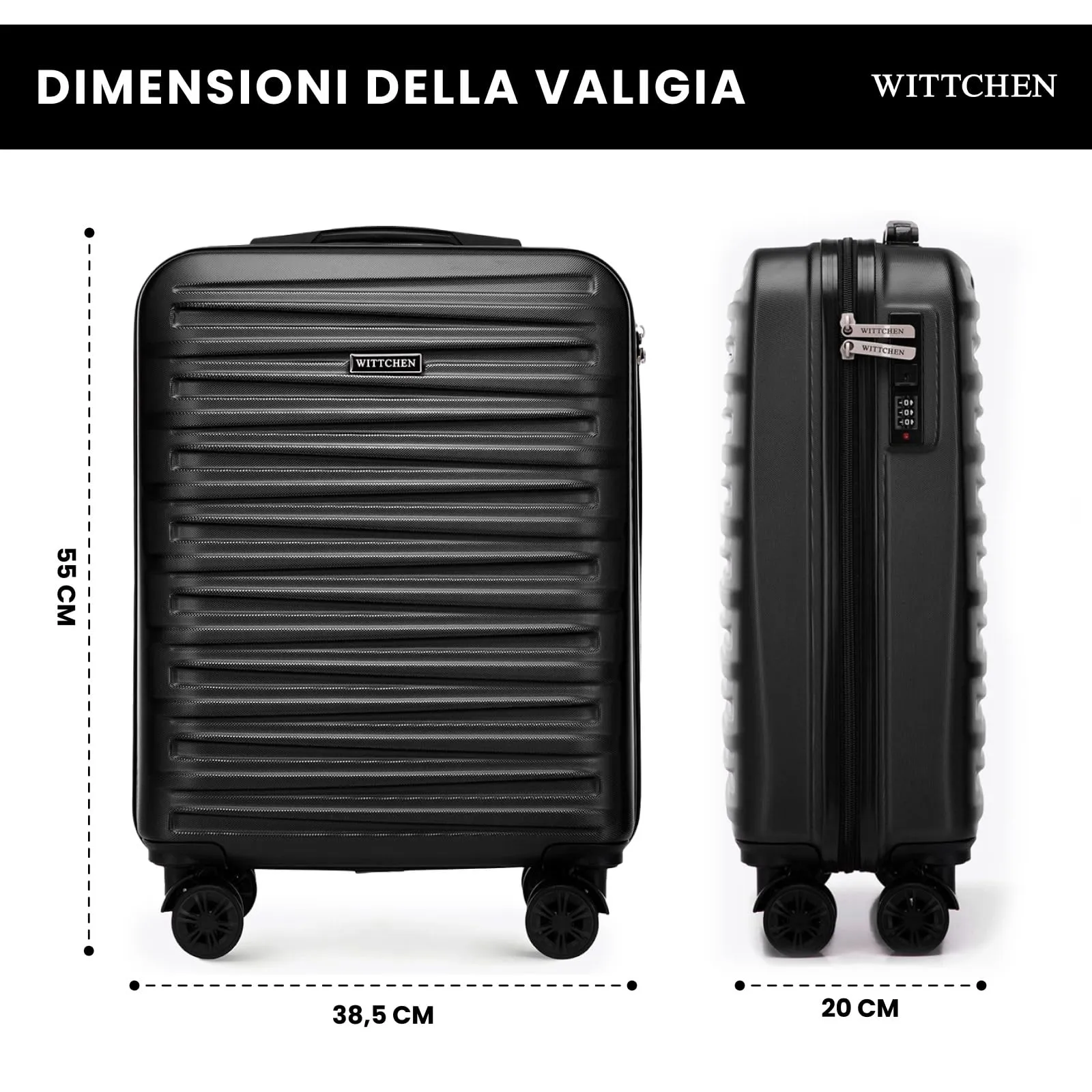 WITTCHEN Skyspeed Line Bagaglio a Mano Rigido in ABS - Trolley Compatto da Viaggio con Ruote Girevoli, Manico Estensibile, Serratura a Codice - Colore Nero Ryanair/ITA Airways/Wizz Air - immagine 2
