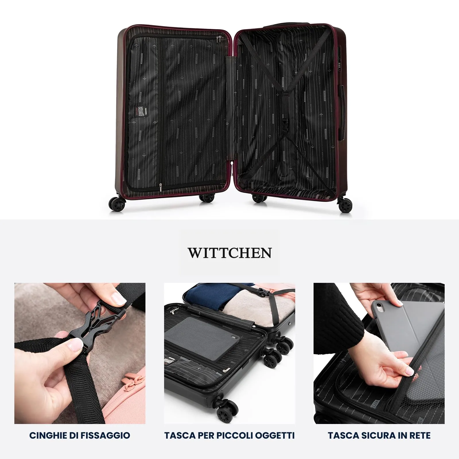 WITTCHEN Skyspeed Line Valigia grande Valigia rigida ABS Valigia grande Rolling Trolley Check-In Valigia da viaggio Serratura a combinazione Manico telescopico 4 Ruote Maroon Ryanair/ITA Airways - immagine 5