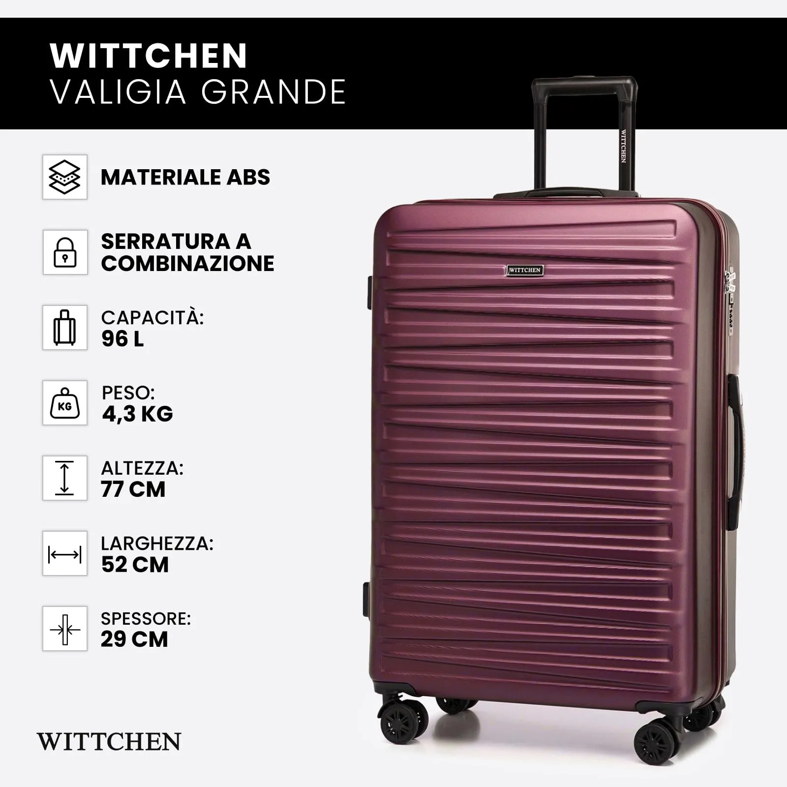 WITTCHEN Skyspeed Line Valigia grande Valigia rigida ABS Valigia grande Rolling Trolley Check-In Valigia da viaggio Serratura a combinazione Manico telescopico 4 Ruote Maroon Ryanair/ITA Airways - immagine 7
