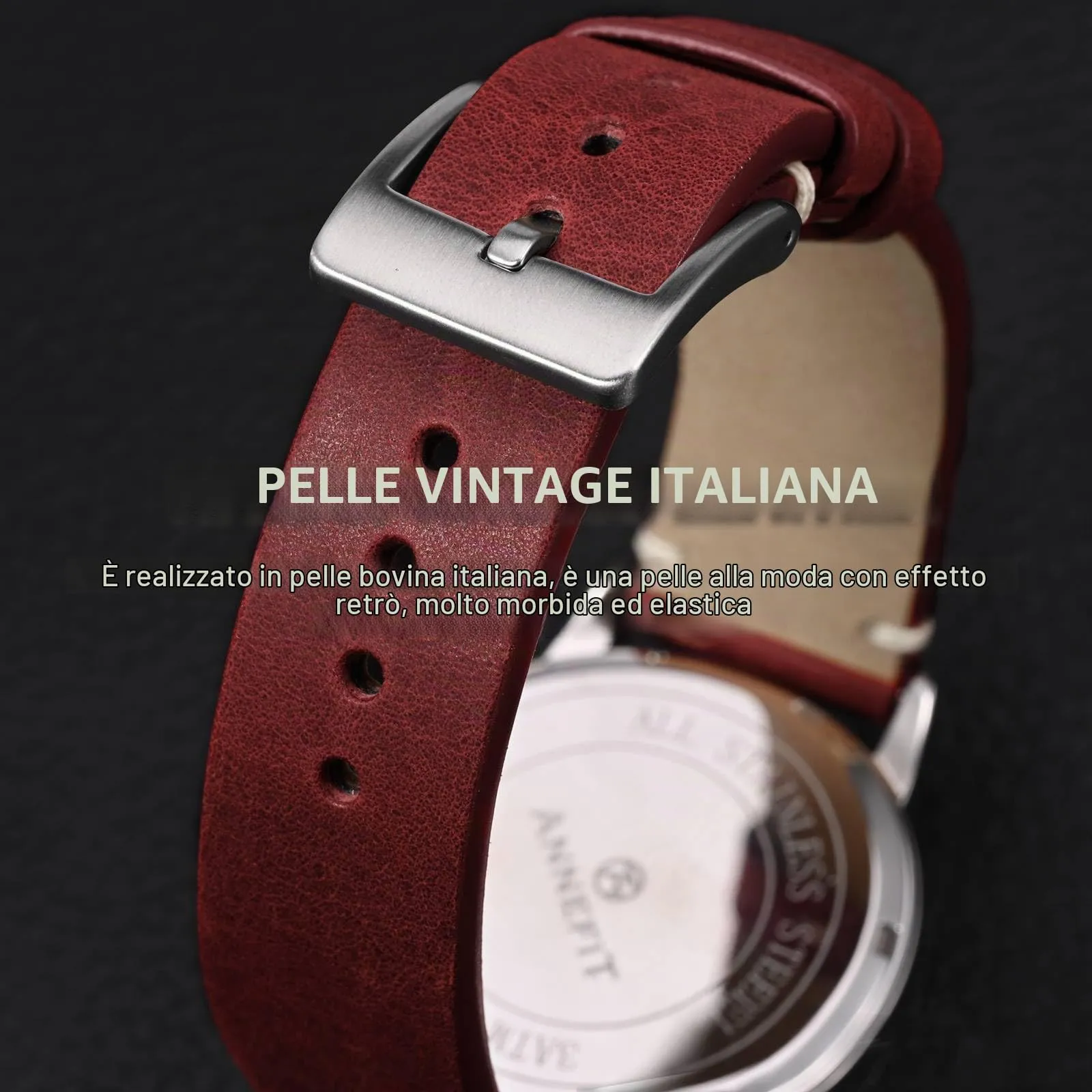 ANNEFIT Vintage Cinturino Orologio per Uomo Donna, Cinturini in Pelle Italiana, Sgancio Rapido, Larghezza della banda 20mm (Rosso) - immagine 3
